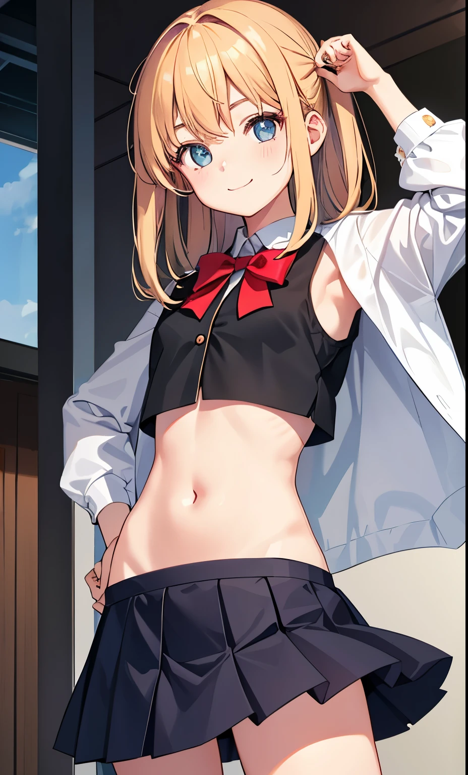 ((1 girl))、(smile:1.5)、small breastsのヌード、(cowboy shot)、(fun!!)、(white cardigan:1.5)、(blonde)、chest roll up clothes,pull clothes,((flat chest:1.3))、((I can see your nipples:1.5)),(), No bra, (black skirt),look down, ((classroom:1.5))Upper body,classroomのシャツロールアップシャツセーター高解像度,look down, Upper body,Fair skin,classroom,small breasts,shaved pussy、single braid、blue eyes