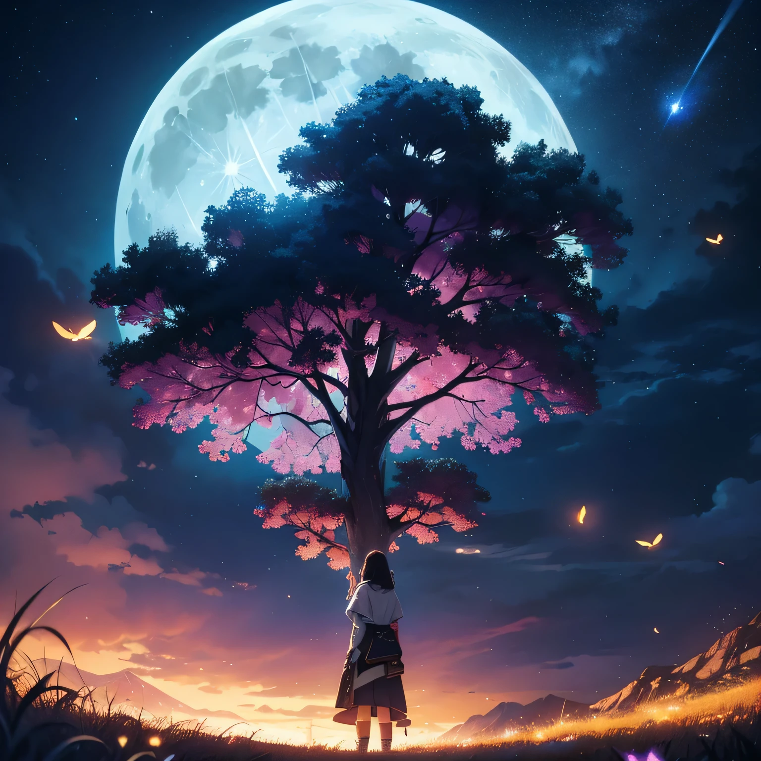 wide々landscape photography, (A view from below of the sky and the wilderness below), standing in a flower field and looking up, (full moon: 1.2), (shooting star: 0.9), (nebula: 1.3), distant mountain, tree break production art, (warm light source: 1.2), (fire Fly: 1.2), lamp, purple and orange, intricate details, Volume lighting BREAK (masterpiece: 1.2), (highest quality ), 4k, Super detailed, (moving composition: 1.4), Highly detailed and colorful details (iridescent: 1.2), (shining lighting, atmosphere lighting), dream-like, Magic, (alone: 1.2)