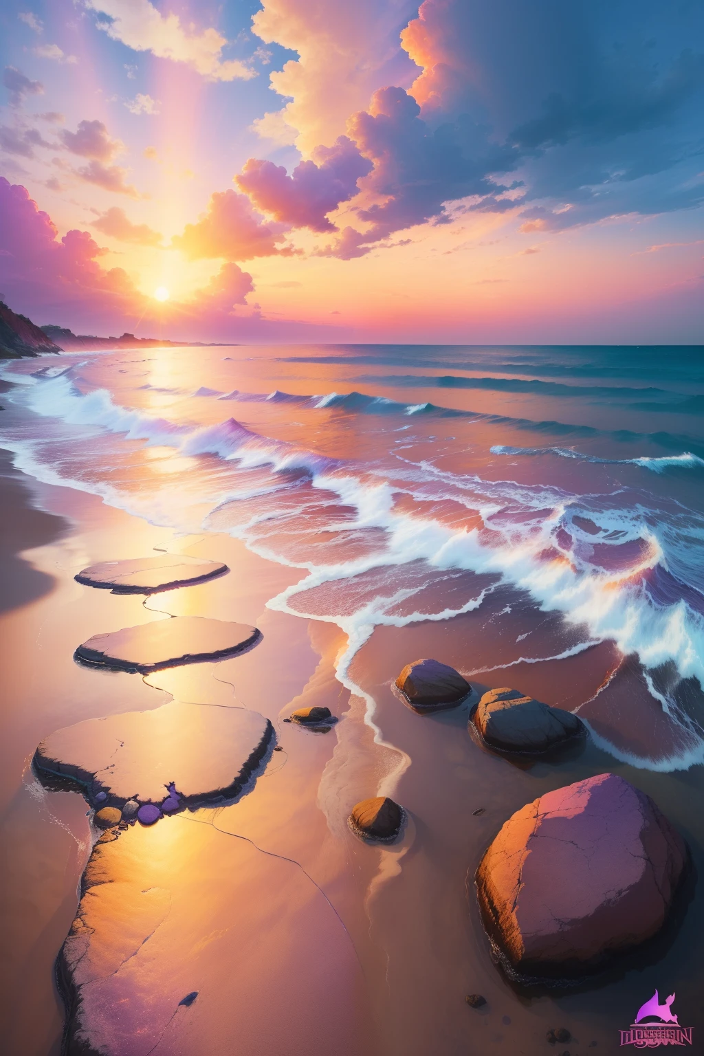 Picture a captivating dusk sky near the tranquil sea, where the horizon blends seamlessly with the vibrant colors of twilight. The sky is a canvas of orange, pink, and purple hues, with the sun setting, casting long shadows on the water. Gentle waves glisten with the last remnants of daylight, reflecting the breathtaking colors of the sky above.
Imagine a circle of golden light breaking through the clouds, creating a divine aura, as if the sun is granting a final blessing to the day. Below the sky, there's a rocky shore, adorned with pebbles of various shades, which gleam under the w