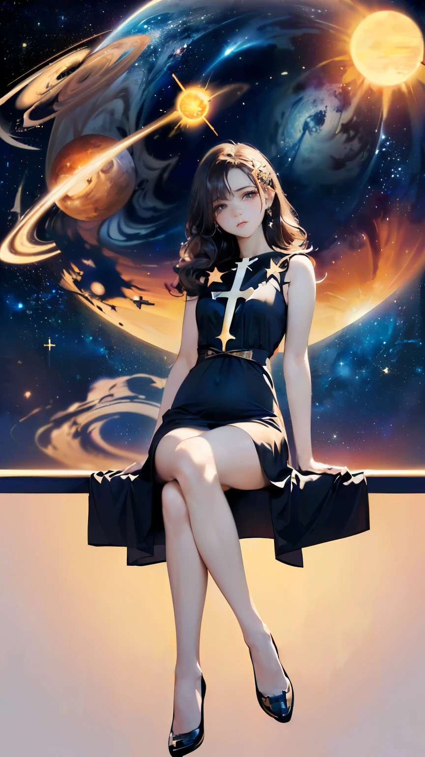(((Masterpiece))),((top quality)),one beautiful girl,Pale, (A character who personifies the universe: 1.5), (((hair is a star:1.5)))、(planet dress:1.5)))、(belly button)、(sun:1.5),(plain clothes), (skin revealing),(The background is the night sky 1.5).(((from the front:1.5)))、(straight front: 1.5)、(((cross your legs:1.5)))、