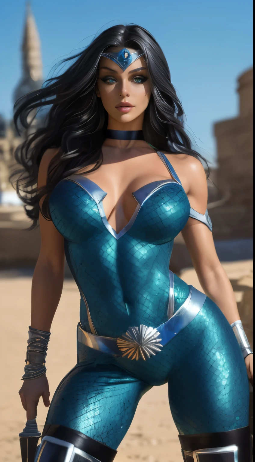 ( Masterpiece, 4k resolution, ultra-realistic, very detailed) A beautiful sexy female superhero who is a demigoddess , blue/green eyes and long dark  hair.  , she wears a silver tiara on forehead , She wears a blue outfit with a fish scale like texture sleeveless , she has bracelets that are silver, and has black boots with a glowing blue tint. a silver belt with a sea shell in the center, (Oceania)