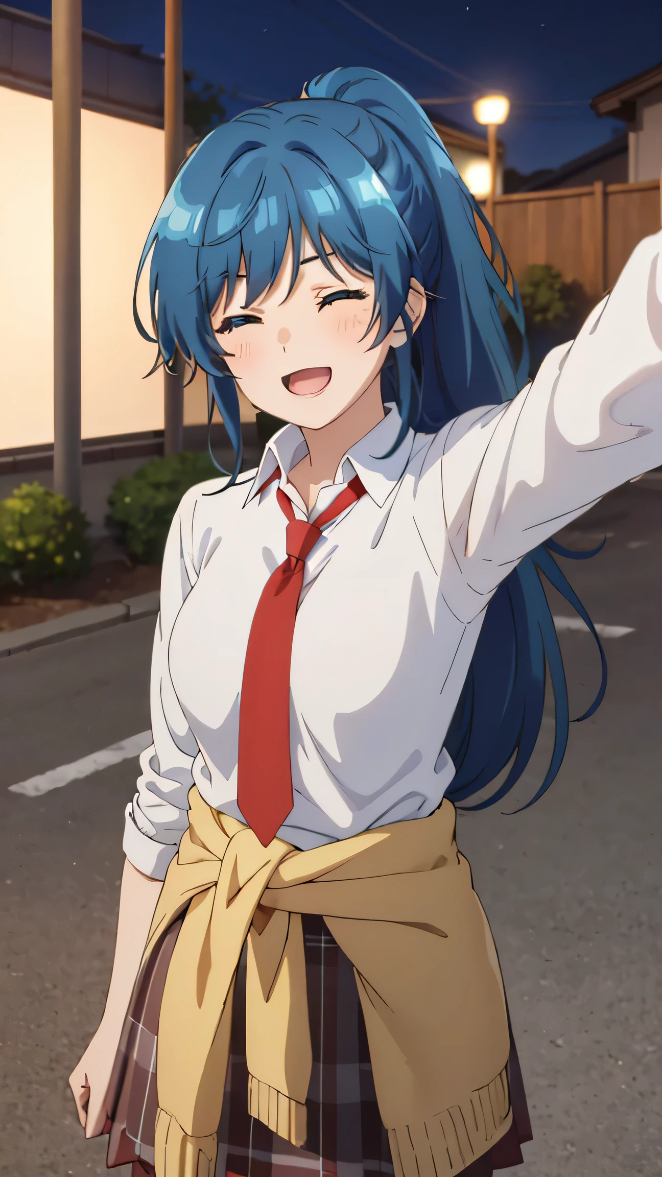 best quality, (masterpiece:1.2), detailed,
1girl, solo, smile, open mouth, light blush,
blue hair, blue eyes, wink, one eye closed, long hair, ponytail,
, white shirt, red tie, pleated skirt, sweater around waist,
standing, outstretched  hands behind 
outdoors, night (upper body: 1.5) 