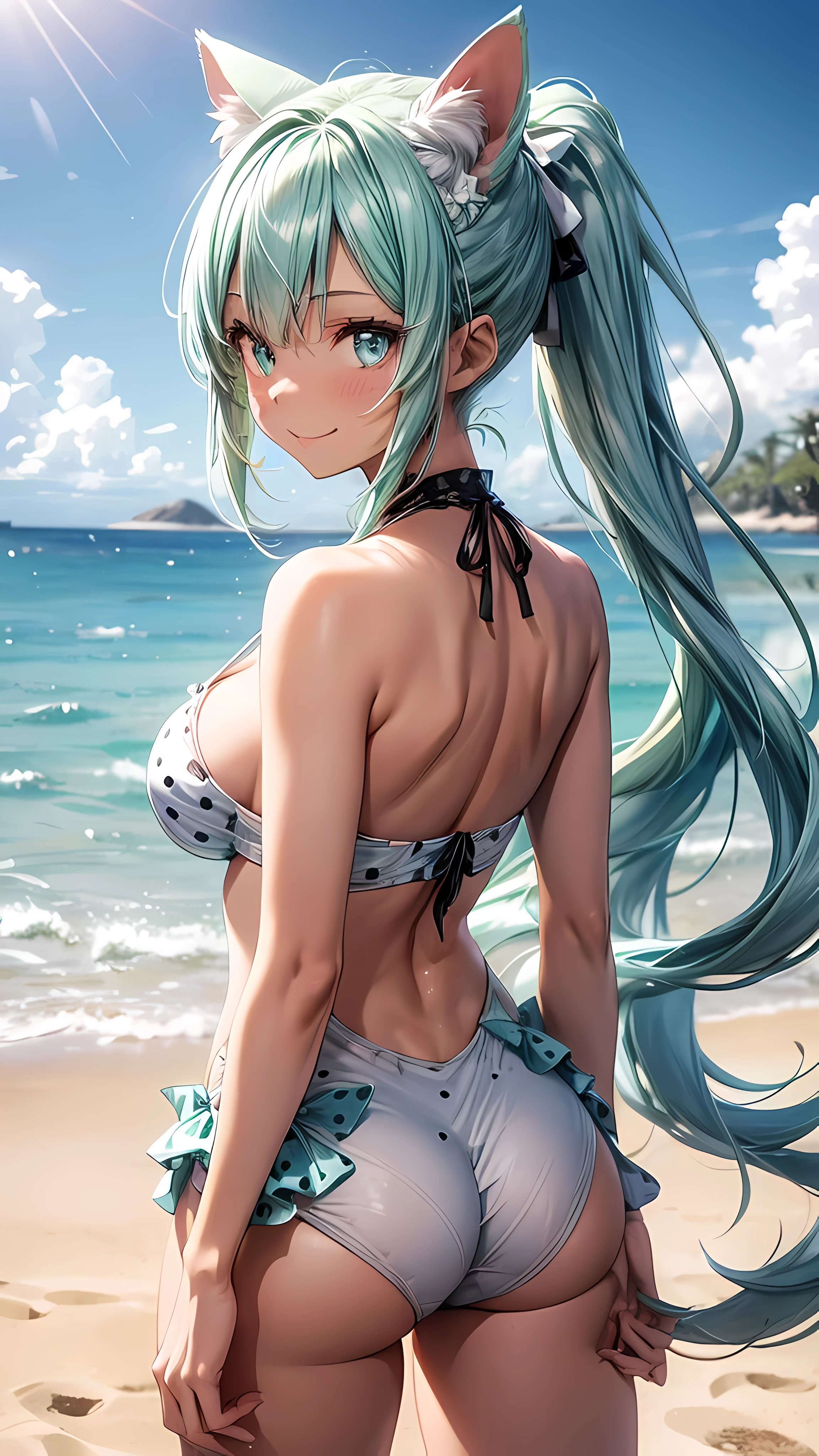 POV: behind character, 1 female, dark skinned cat girl, (((dark skin))), (((mint colored cat ears))), ((appearance: silver hair clip, radiant aqua colored eyes,)), ((hair: long mint green hair, ponytail, side bangs, mint green hair, mint green cat ears, white ribbon,)), ((body: tall, slender figure, large breasts, hard nipples, wide hips,)), ((clothing: skin tight polka dot bikini)), ((pose: seductive, bent over, looking back at viewer, smiling, happy,)), ((scene: gorgeous white sand beach,)), high quality,best quality, 8k_wallpaper,extremely detailed eyes, (large masterpiece digital art), (detailed manga illustration), (detailed line art), ((perfect)) anatomy, best hands)), (intricate details:1.3), (ultra-detailed:1.3), (illustration:1.3), (sharp focus:1.3), (natural lighting:1.05), (vivid colors:1.3),
