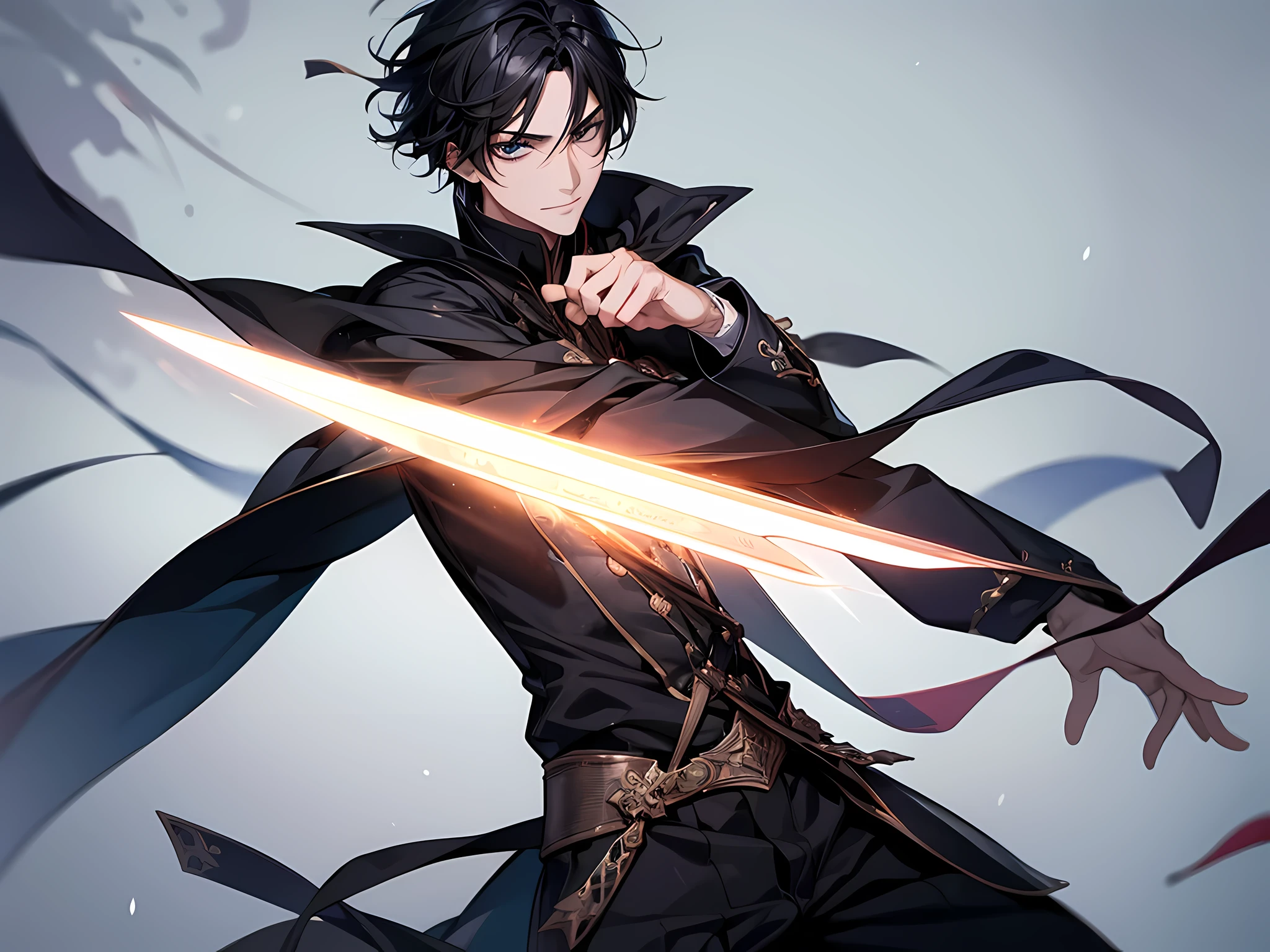 1 man, black hair, magician with sword struck to the ground, mysterious vibe, masterpiece, white background, delighted face and details, high quality, digital painting, official wallpaper