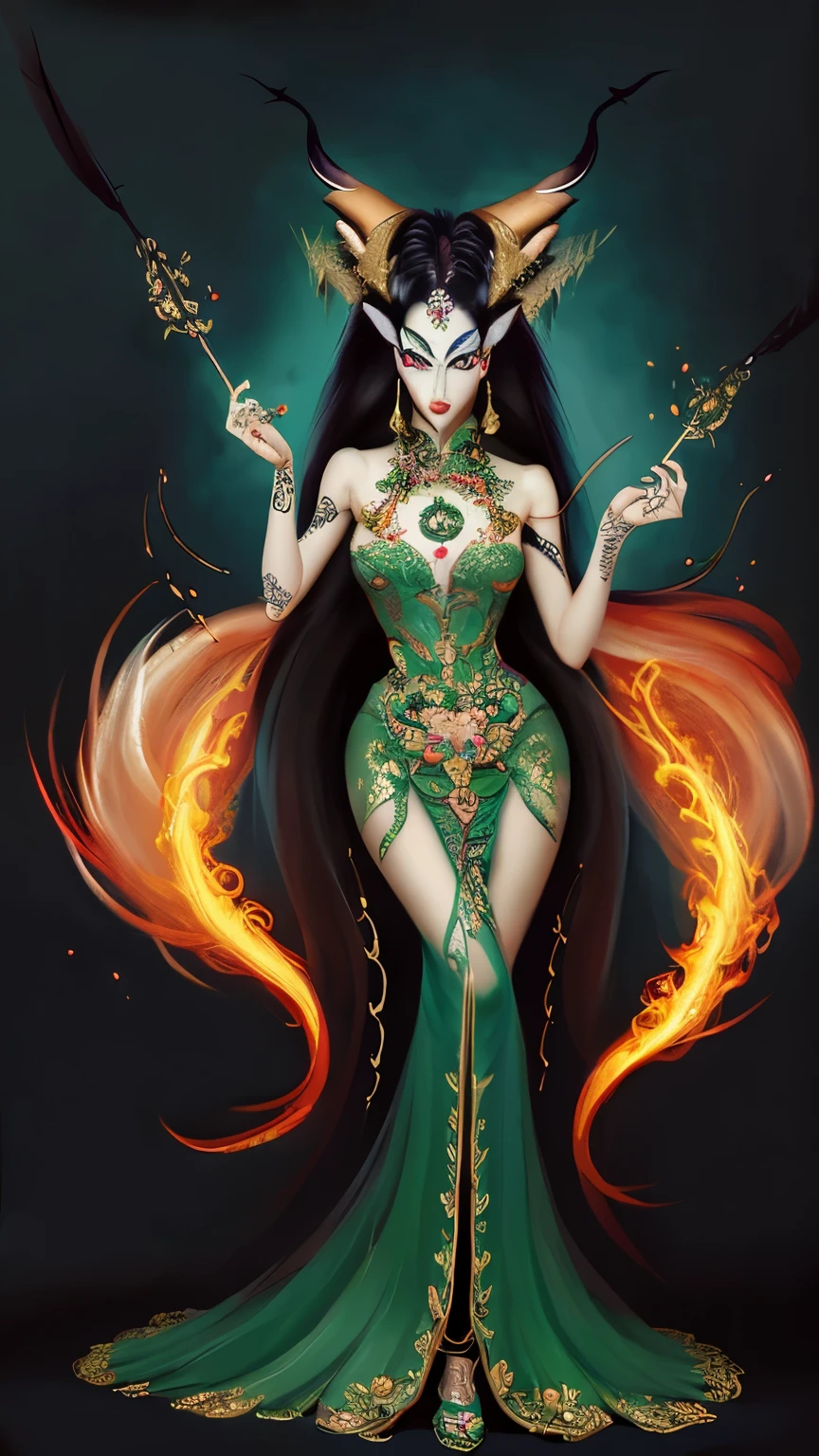 full body portrait of a beautiful chinese female fox demon, ornate gown, ornate jewelry ,slim, hyper-feminine, pronounced feminine features, oil on canvas painting by ruan jia + olivia de berardinis + vargas , brush strokes , , dramatic lighting, 8k, portrait, --ar 2:3 --s 850 --v 6.0