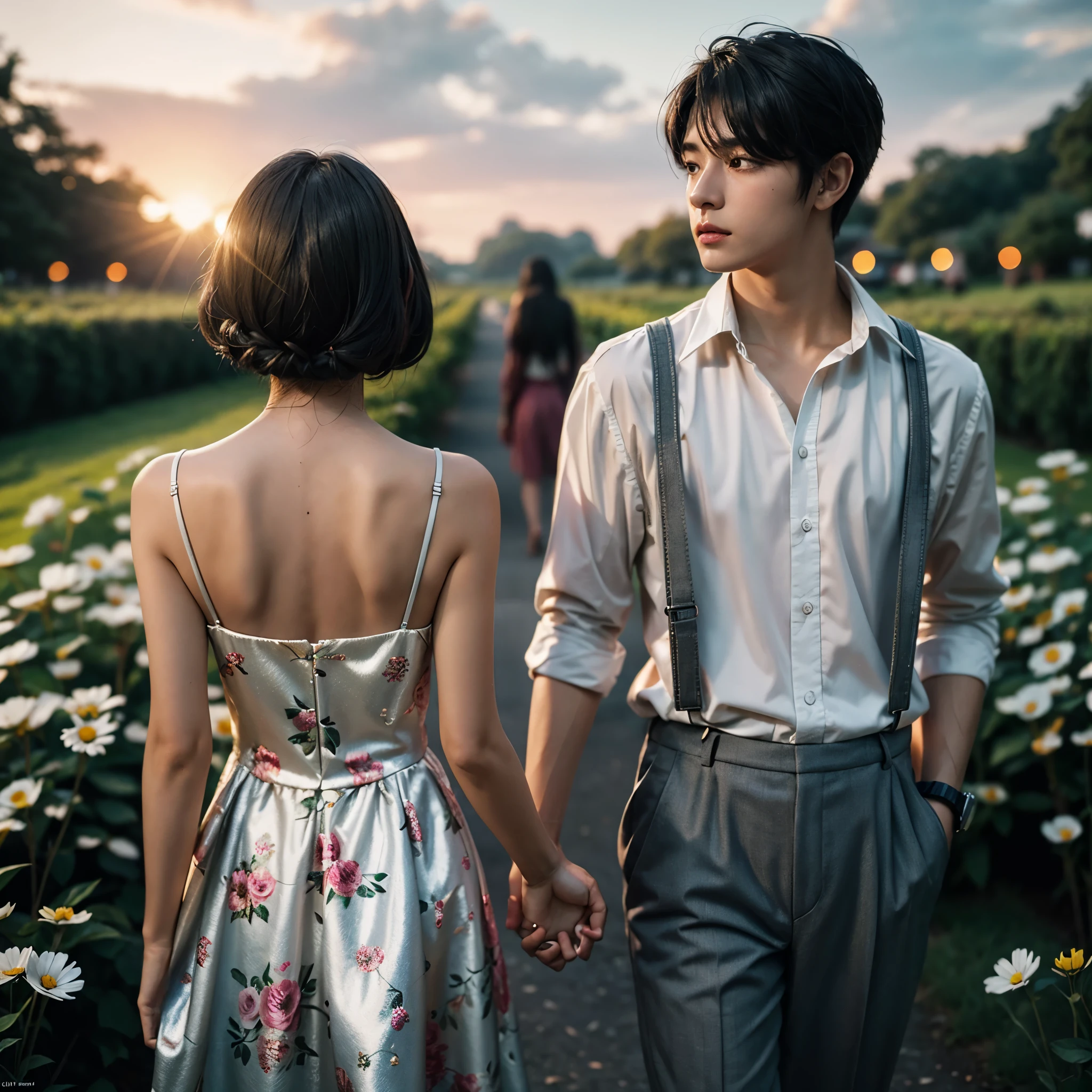 Cinematic photography A young girl with short black hair wearing a white floral dress walks in a flower field. He walks while holding his girlfriend's hand (back view of his face looking towards the camera), the background is the evening sky and a stretch of garden full of colorful flowers. Best quality, A high resolution, Ultra-detailed, Intricate details, Soft lighting, Vibrant colors, Bokeh, Peaceful atmosphere, Tranquil Mood, serene environment, The harmony between nature and human existence, cinematic grading, Incomplete details, Shot with Leica, analogue , 35 mm:: (Artistic light leakage:1.4), Lens Flare::4 - Style Raw - AR 2:3 -s 150-c 4
