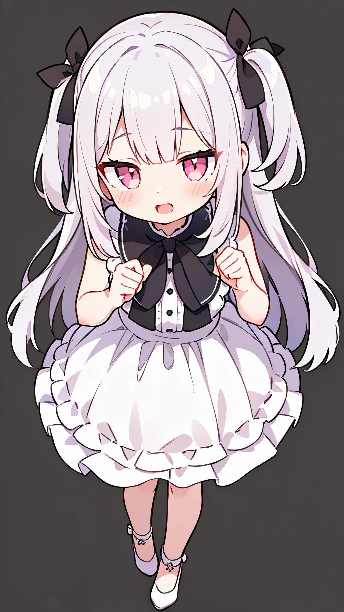Pueros face_V1:0.24, highest quality, realistic, 8K, High resolution, 1 girl, 18 year old girl, (skin dents), (portrait), ((simple background:1.62)), full color, ((round chest,white ruffle blouse,sleeveless blouse)), look straight at the viewer:1.8, (1 girl eyes looking at viewer:1.55), (Long-length hair, silver hair, two side up,straight bangs:1.45,pink eyes), (Bokeh),looking at the viewer,open mouth smile,Shining eyes,cute pose,sparkling eyes,full body,Full body portrait,frontal shot,Super high quality
