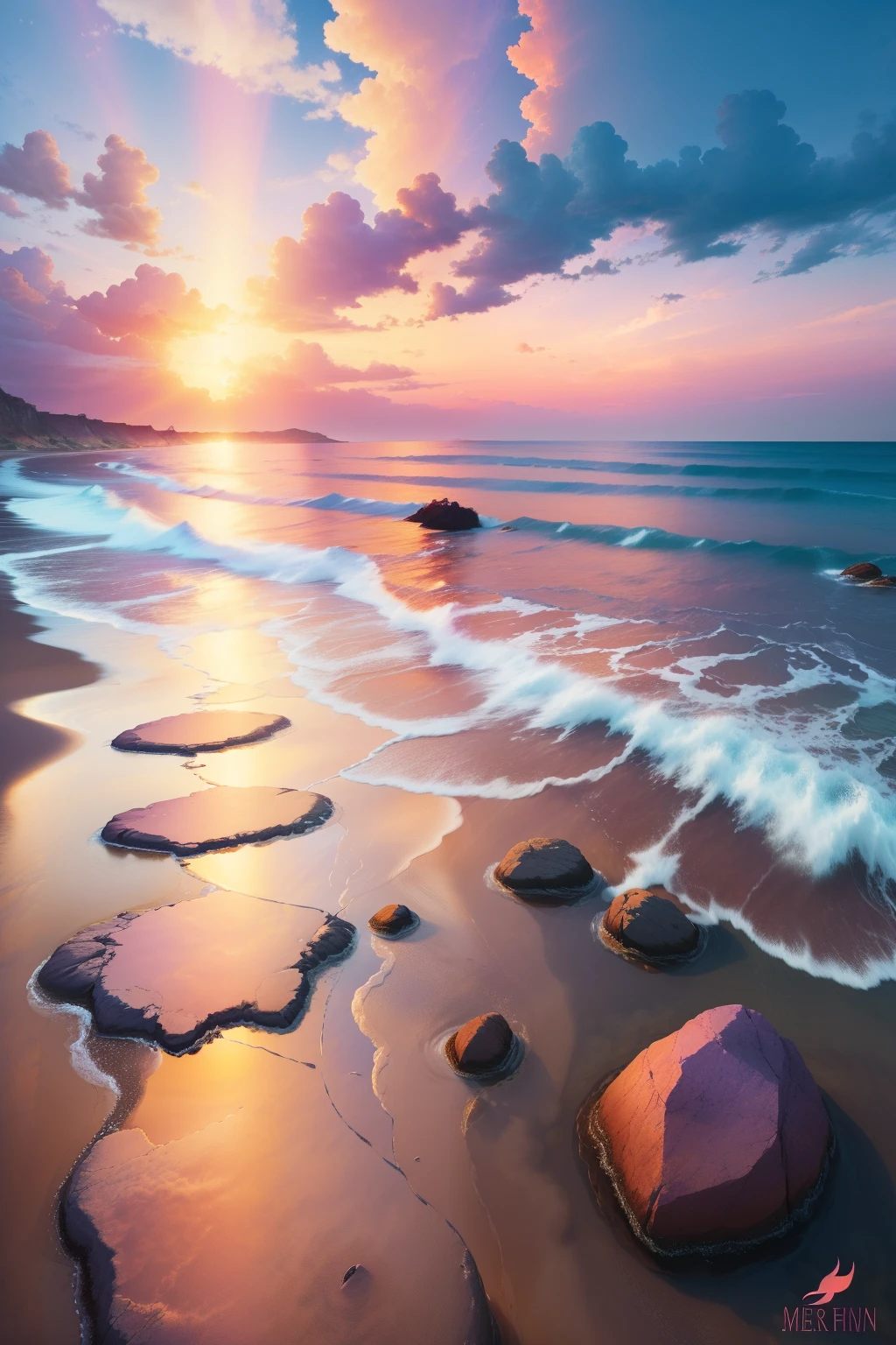Picture a captivating dusk sky near the tranquil sea, where the horizon blends seamlessly with the vibrant colors of twilight. The sky is a canvas of orange, pink, and purple hues, with the sun setting, casting long shadows on the water. Gentle waves glisten with the last remnants of daylight, reflecting the breathtaking colors of the sky above.
Imagine a circle of golden light breaking through the clouds, creating a divine aura, as if the sun is granting a final blessing to the day. Below the sky, there's a rocky shore, adorned with pebbles of various shades, which gleam under the w