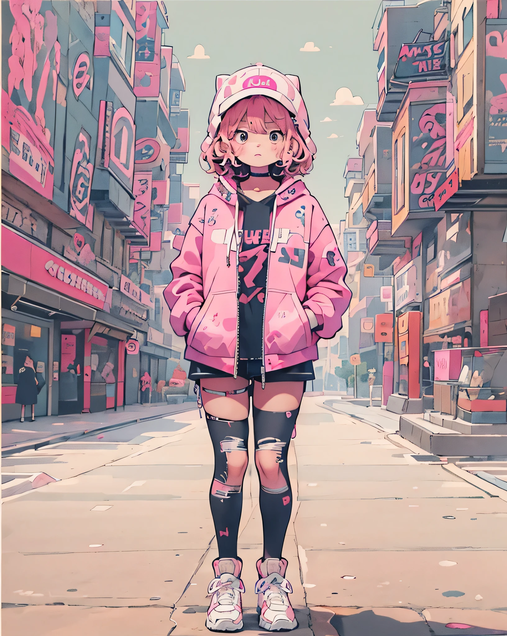 masterpiece,1 girl,alone,(((cutest girl ever)))、short hair,pink hair,Fashionable hoodies,mob cap, street,put your hands on your hips, put one&#39;Hand in hand&#39;pocket of,