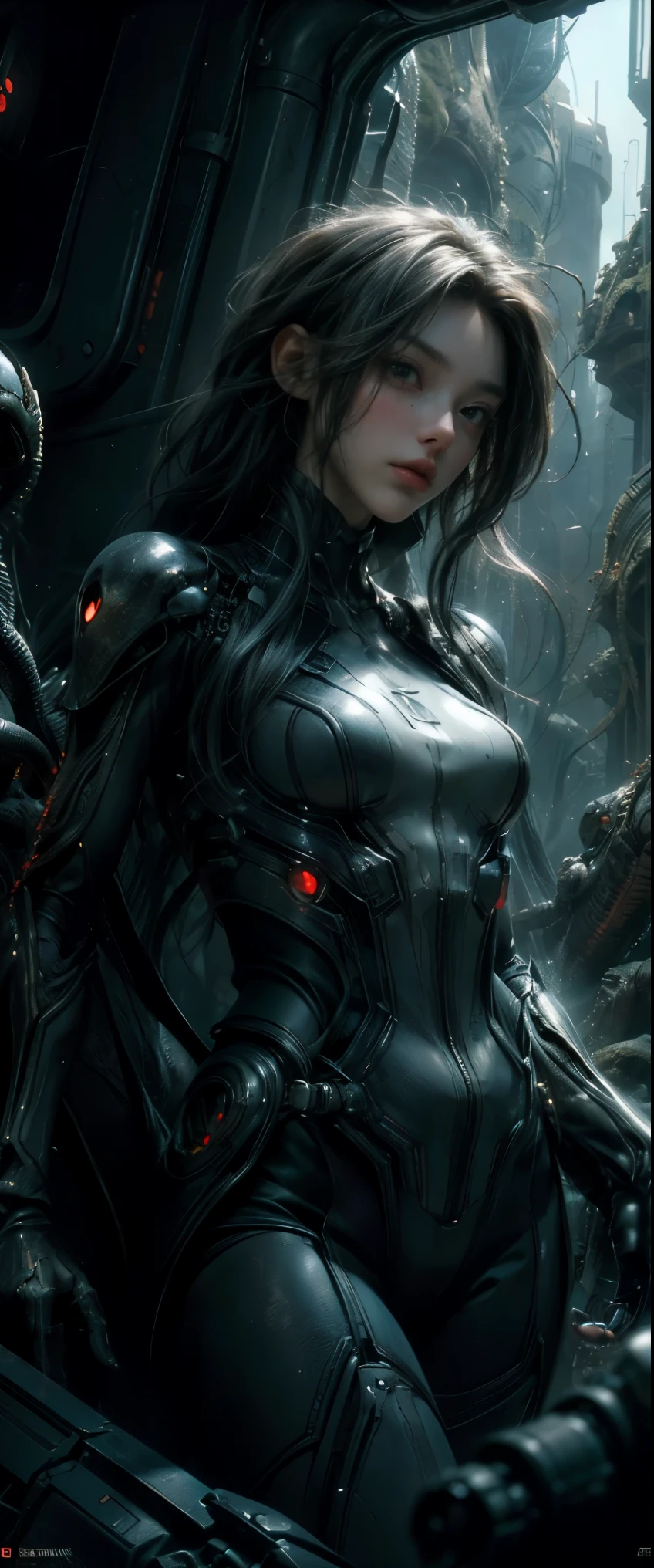 ((masterpiece, highest quality, Highest image quality, High resolution, photorealistic, Raw photo, 8K)), Ultra Wide Angle, Alien Landscap, A female stands next to an Alafedro robot on top of a hill, influenced by Stefan Koidl's background of discarded mechas. The art created by Craig Mullins, specifically in the style of Craig Mullins' Necro, portrays a detailed and futuristic science fiction scene. The emphasis is on SF concept art, It is being attacked by tentacled aliens, The overall lighting captures the essence of concept art in films,