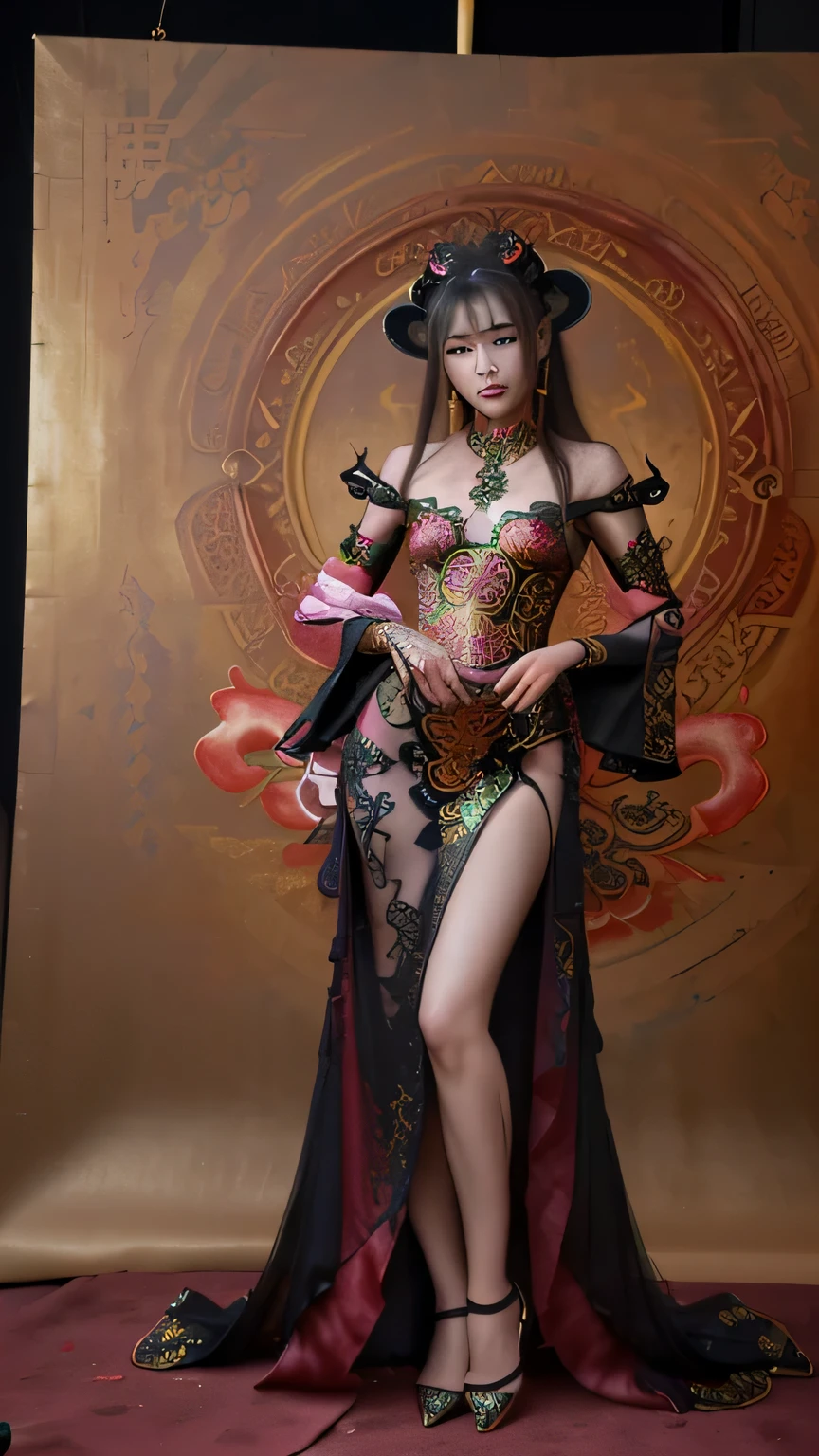 full body portrait of a beautiful chinese female fox demon, ornate gown, ornate jewelry ,slim, hyper-feminine, pronounced feminine features, oil on canvas painting by ruan jia + olivia de berardinis + vargas , brush strokes , , dramatic lighting, 8k, portrait, --ar 2:3 --s 850 --v 6.0