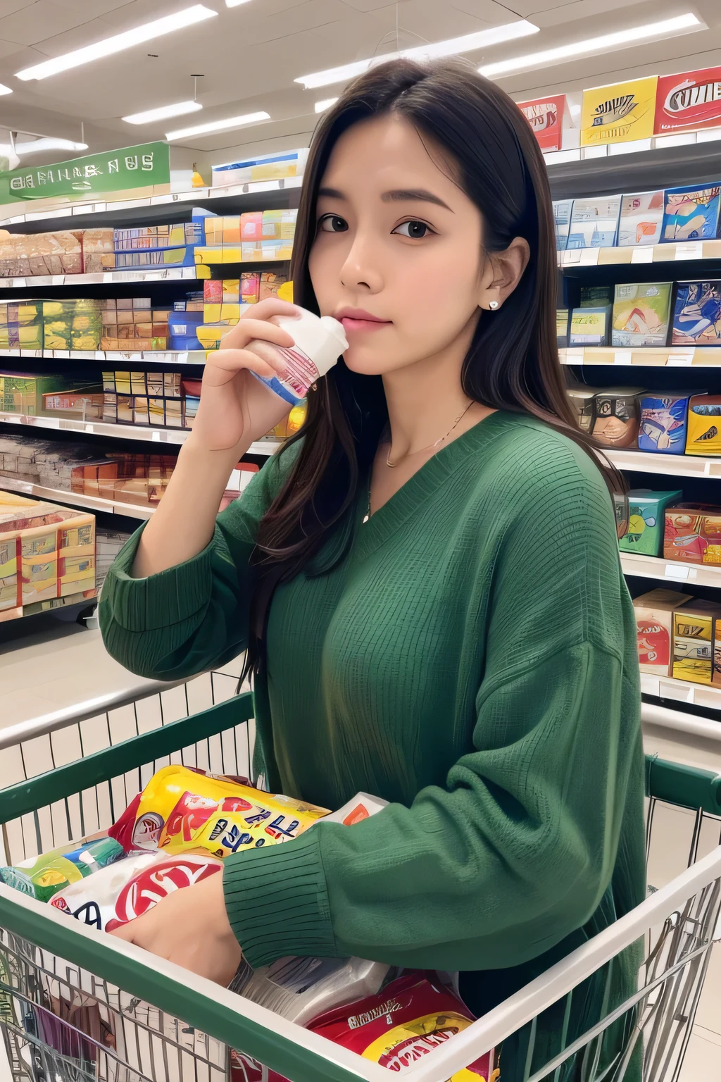 (RAW photo:1.2), (Photorealistic:1.4), best quality, masterpiece, high details, a high resolution,medium shot, in the supermarket, cereal and milk aisle, a woman take bottle, a cart, beautiful face, very detailed eyes and faces, A detailed eye, ultra - detailed, drop shadow, anaglyph, stereogram, atmospheric perspective,