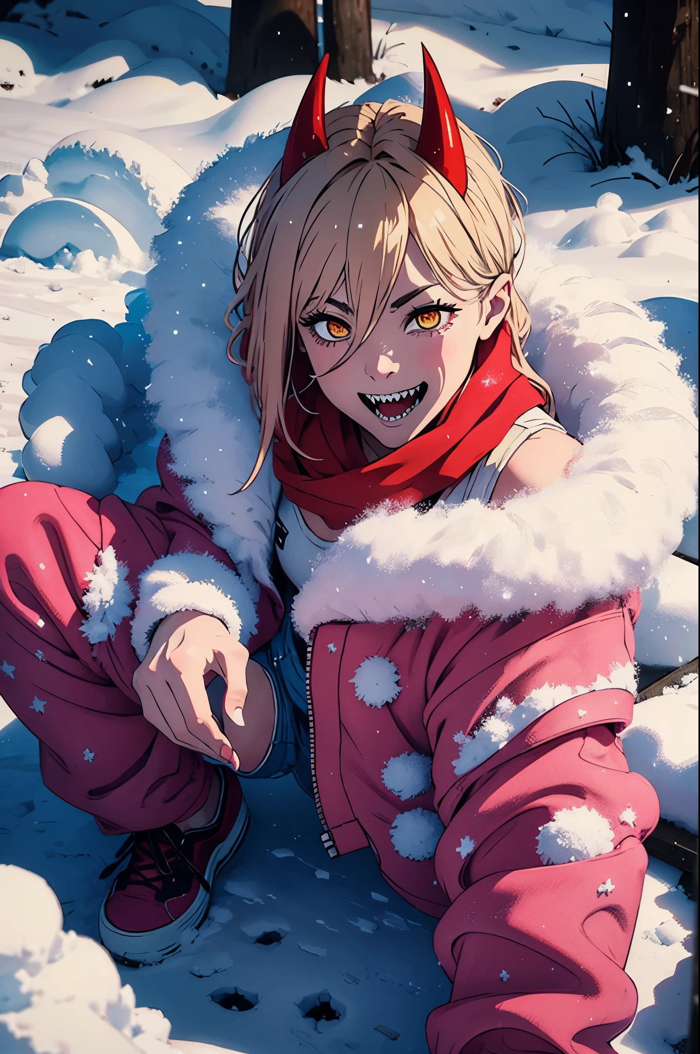 power from chainsawman, yellow vivid eyes, with her iconic two red horns on top her head, fangs, sharp teeth, wearing loose white long sleeve, cleavage, pink neck scarf, denim shorts, winter setting, street, tokyo, snowing, heavy snow, outdoor, lying on the ground, making a snow angel, god rays, sparkle, excited, smiling, excited, aerial view