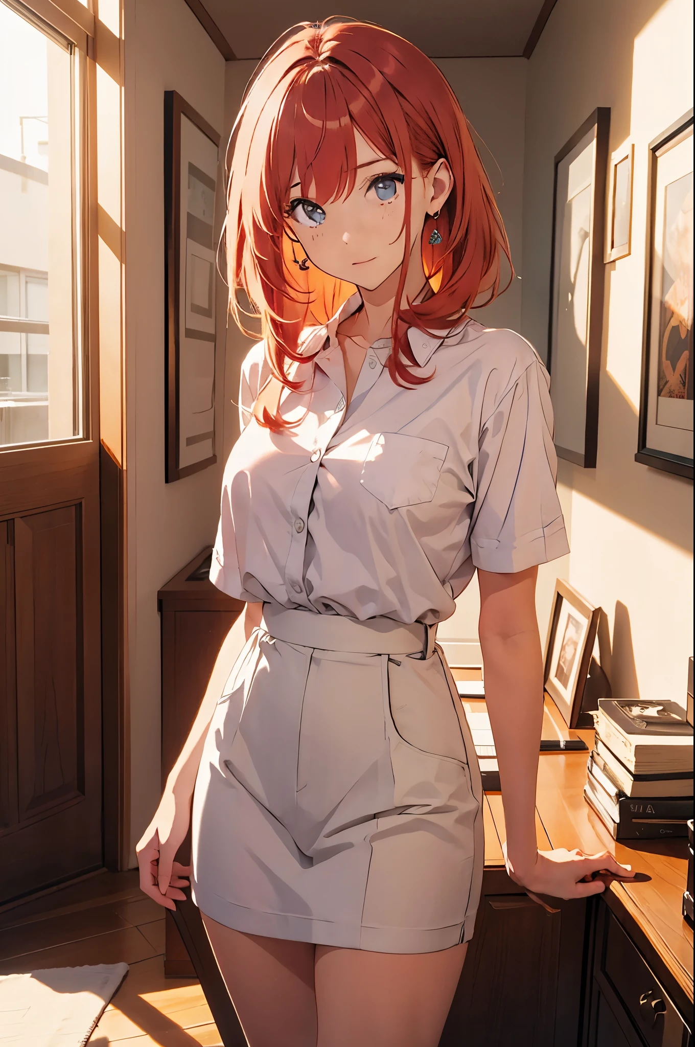 red haired,1 girl, beautiful, standing on a chair, with a white shirt , big , looking down on you,{{Cinematic Masterpiece}} , {{Full-Body Portrait}}
