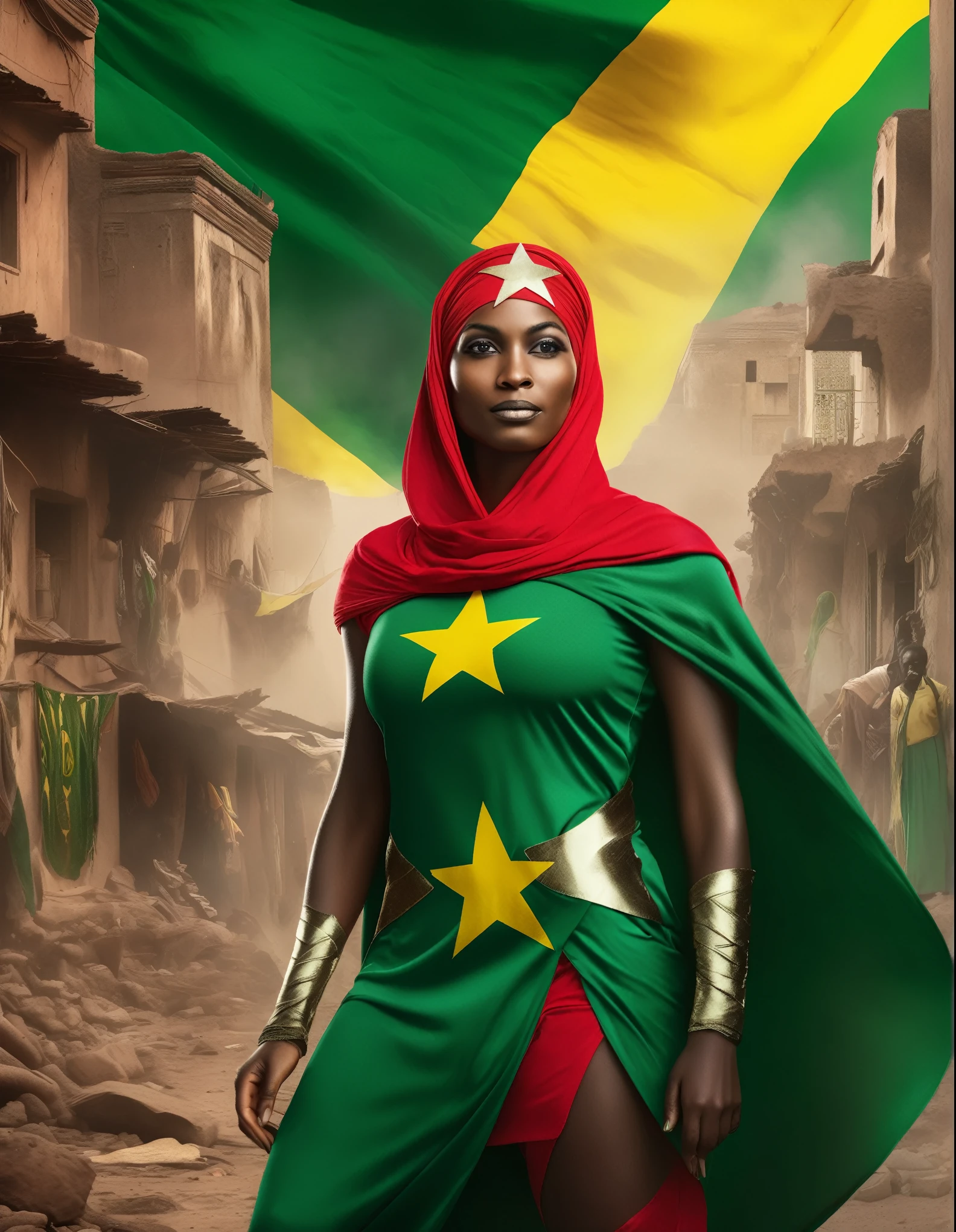 a BEAUTIFUL female superhero in AFRICAN outfit FROM HEAD TO TOE, green yellow red with green star. Veiled with a scarf of the flag of Senegal floating, on the chest is drawn a green star A superb film poster. with a red cape with which she hovers in front of ruined CASES. The background is filled with mystical symbols and smoke, explosion.