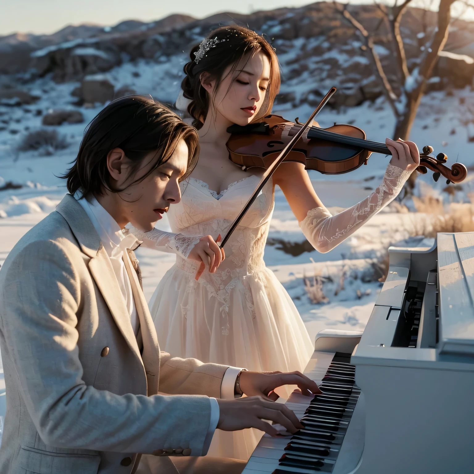 Immerse yourself in a narrative-rich portrayal of man in white dress playing piano and a woman in long white wedding dress playing the violin passionately in a snowy field , closed their eyes full of sadness , with dry trees adding a deep sense of sadness . Captured in full-body detail, the image brings to life the character's youthful vigor as seen in the movie, in a barren rocky desert on a golden hour . The scene is a high-fidelity recreation, rich in specific details, encapsulating the intensity of a suspense-filled moment. The composition is bold and dynamic, employing techniques like HDR and DTM to enhance the visual impact. The artwork resonates with the signature styles of Anna Dittmann, Yoshitaka Amano, and Stefan Gesell, achieving a level of ultra-detailed 16K realism that is nothing short of superb. high-quality , cinematic , vibrant