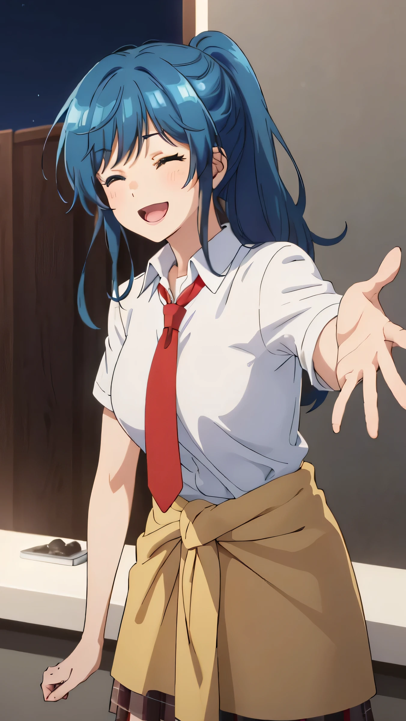 best quality, (masterpiece:1.2), detailed,
1girl, solo, smile, open mouth, light blush,
blue hair, blue eyes, wink, one eye closed, long hair, ponytail,
, white shirt, red tie, pleated skirt, sweater around waist,
standing, outstretched  hands behind 
Beach, night (upper body: 1.5) 