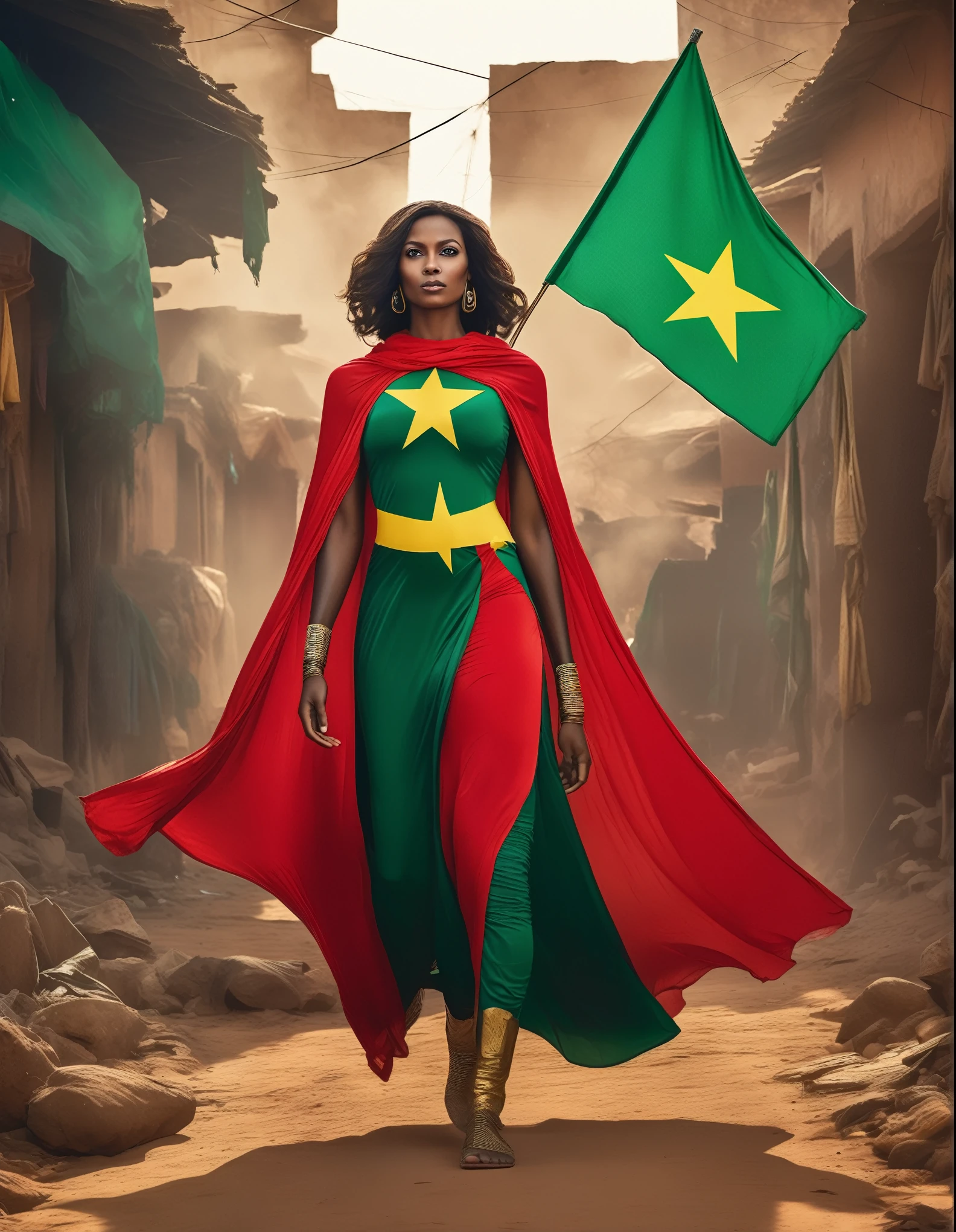 a BEAUTIFUL female superhero in AFRICAN outfit FROM HEAD TO TOE, green yellow red with green star. Veiled with a scarf of the flag of Senegal floating, on the chest is drawn a green star A superb film poster. with a red cape with which she hovers in front of ruined CASES. The background is filled with mystical symbols and smoke, explosion.