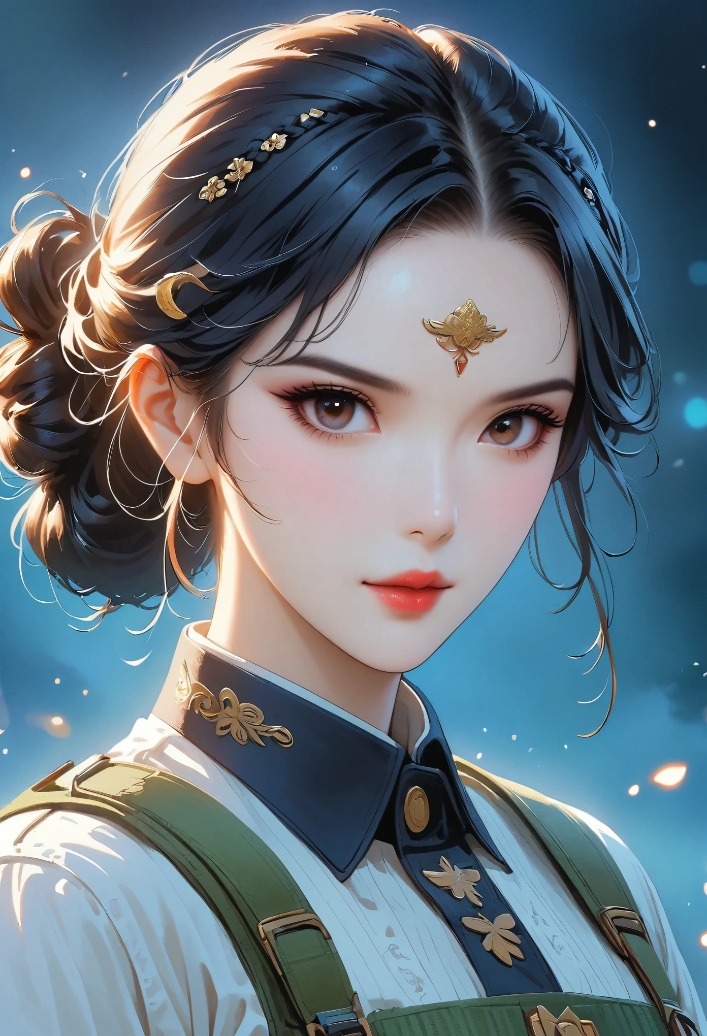 Movie海报,Anime Reference 86 ,science fiction小说,science fiction,Movie,War Action Movie,multiple characters,woman,adult,black hair,(Pia bangs hairstyle : 1.8 ),Wearing red glasses,general,white commander,Realistic facial details,realism,3D face,((Braided hairstyle)),((Braided hairstyle)),