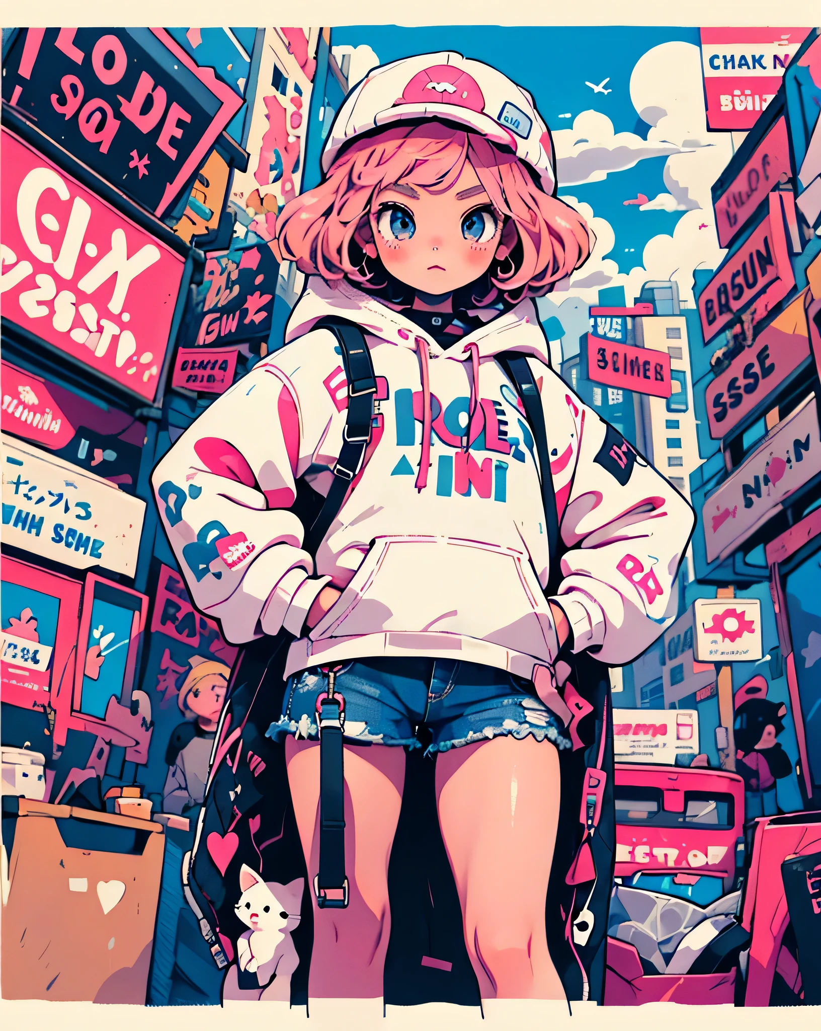 masterpiece,1 girl,alone,(((cutest girl ever)))、short hair,pink hair,Fashionable hoodies,mob cap, street,put your hands on your hips, put one&#39;Hand in hand&#39;pocket of,