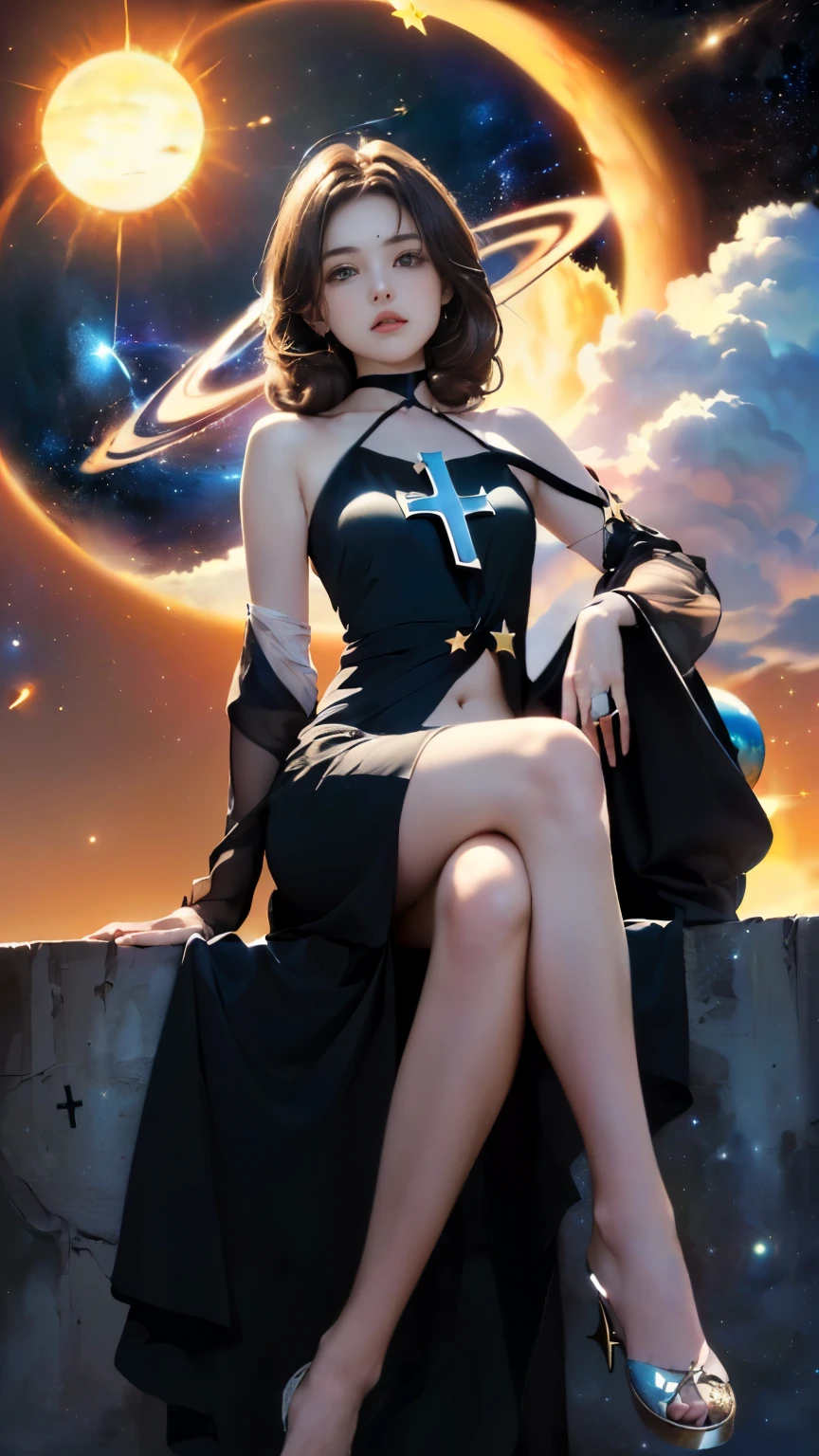 (((Masterpiece))),((top quality)),one beautiful girl,Pale, (A character who personifies the universe: 1.5), (((hair is a star:1.5)))、(planet dress:1.5)))、(belly button)、(sun:1.5),(plain clothes), (skin revealing),(The background is the night sky 1.5).(((from the front:1.5)))、(straight front: 1.5)、(((cross your legs:1.5)))、