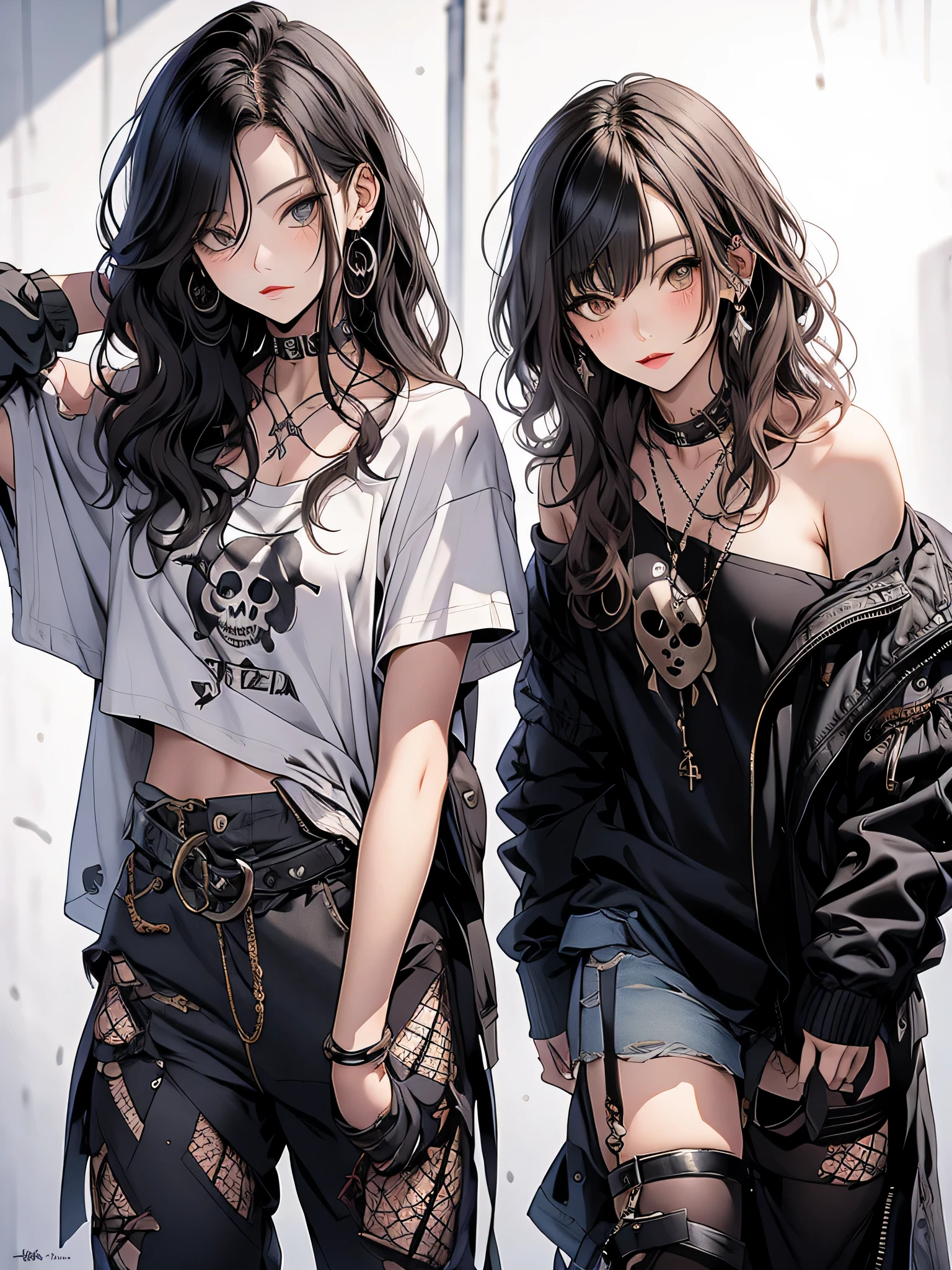 masterpiece, highest quality, pixiv, two cool girls, the strongest pirate girl, skull fashion, dark brown hair, curly hair, dull bangs, straight bangs, gray eyes, white skin, gal, Improve