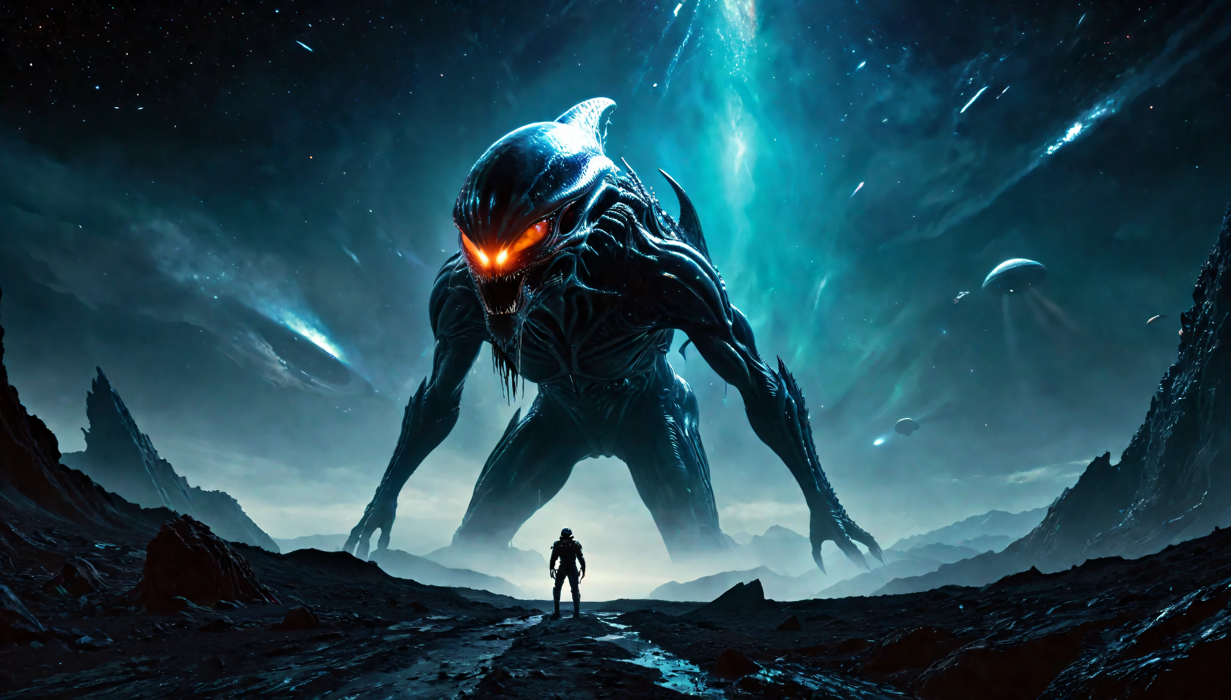 (best quality,4k,8k,highres,masterpiece:1.2),ultra-detailed,(realistic,photorealistic,photo-realistic:1.37). | cinematic shot of Alien planet landscape, Alien (from Alien movie franchise:1.1) lurking around ,scary,vicious,horror,extraterrestrial,shiny exoskeleton,acidic blood,sharp fangs,slimy skin,dark atmosphere,glowing eyes,intense shadows,futuristic technology,deep space location,menacing presence,ominous,nightmarish,sci-fi,high contrast,monstrous silhouette,mystery,cold colors,strong composition,alien spacecraft,fear,unsettling,creature,terror,esoteric,otherworldly,unexpected,unknown,claustrophobic,terrifying,set design,original design,nightmare-inducing,thrilling,edge of the seat,adrenaline-pumping,mind-bending,imposing figure,hostile,unidentified,intimidating,[alien]. | endered in ultra-high definition with UHD and retina quality, this masterpiece ensures anatomical correctness and textured skin with super detail. With a focus on high quality and accuracy, this award-winning portrayal captures every nuance in stunning 16k resolution, immersing viewers in its lifelike depiction. Avoid extreme angles or exaggerated expressions to maintain realism. ((perfect_composition, perfect_design, perfect_layout, perfect_detail, ultra_detailed)), ((enhance_all, fix_everything)), More Detail, Enhance.