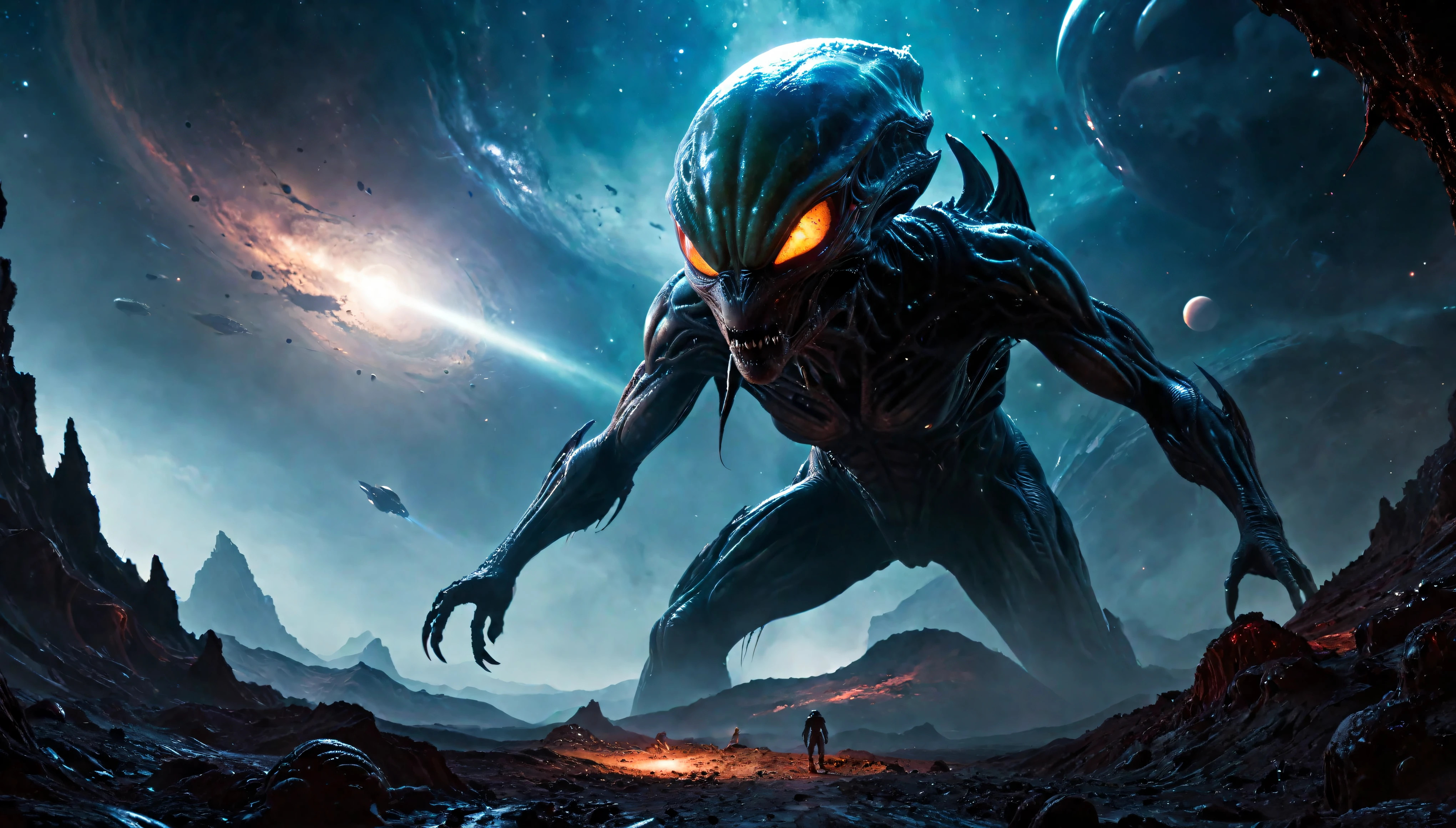 (best quality,4k,8k,highres,masterpiece:1.2),ultra-detailed,(realistic,photorealistic,photo-realistic:1.37). | cinematic shot of Alien planet landscape, Alien (from Alien movie franchise:1.1) lurking around ,scary,vicious,horror,extraterrestrial,shiny exoskeleton,acidic blood,sharp fangs,slimy skin,dark atmosphere,glowing eyes,intense shadows,futuristic technology,deep space location,menacing presence,ominous,nightmarish,sci-fi,high contrast,monstrous silhouette,mystery,cold colors,strong composition,alien spacecraft,fear,unsettling,creature,terror,esoteric,otherworldly,unexpected,unknown,claustrophobic,terrifying,set design,original design,nightmare-inducing,thrilling,edge of the seat,adrenaline-pumping,mind-bending,imposing figure,hostile,unidentified,intimidating,[alien]. | endered in ultra-high definition with UHD and retina quality, this masterpiece ensures anatomical correctness and textured skin with super detail. With a focus on high quality and accuracy, this award-winning portrayal captures every nuance in stunning 16k resolution, immersing viewers in its lifelike depiction. Avoid extreme angles or exaggerated expressions to maintain realism. ((perfect_composition, perfect_design, perfect_layout, perfect_detail, ultra_detailed)), ((enhance_all, fix_everything)), More Detail, Enhance.