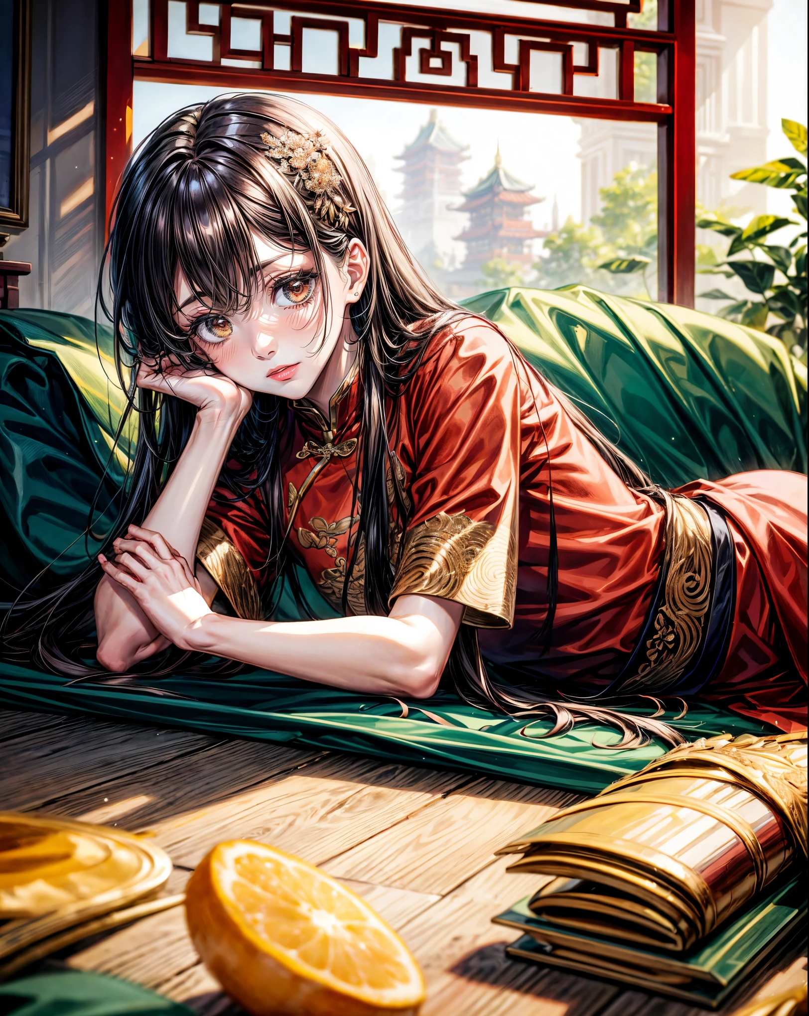 masterpiece,highest quality,Ultra high definition, Tang Dynasty, Beauty, Red Traditional Chinese Costume, Palace, Elegant, Classical Beauty,black hair, brown eyes,smile, He's lying down