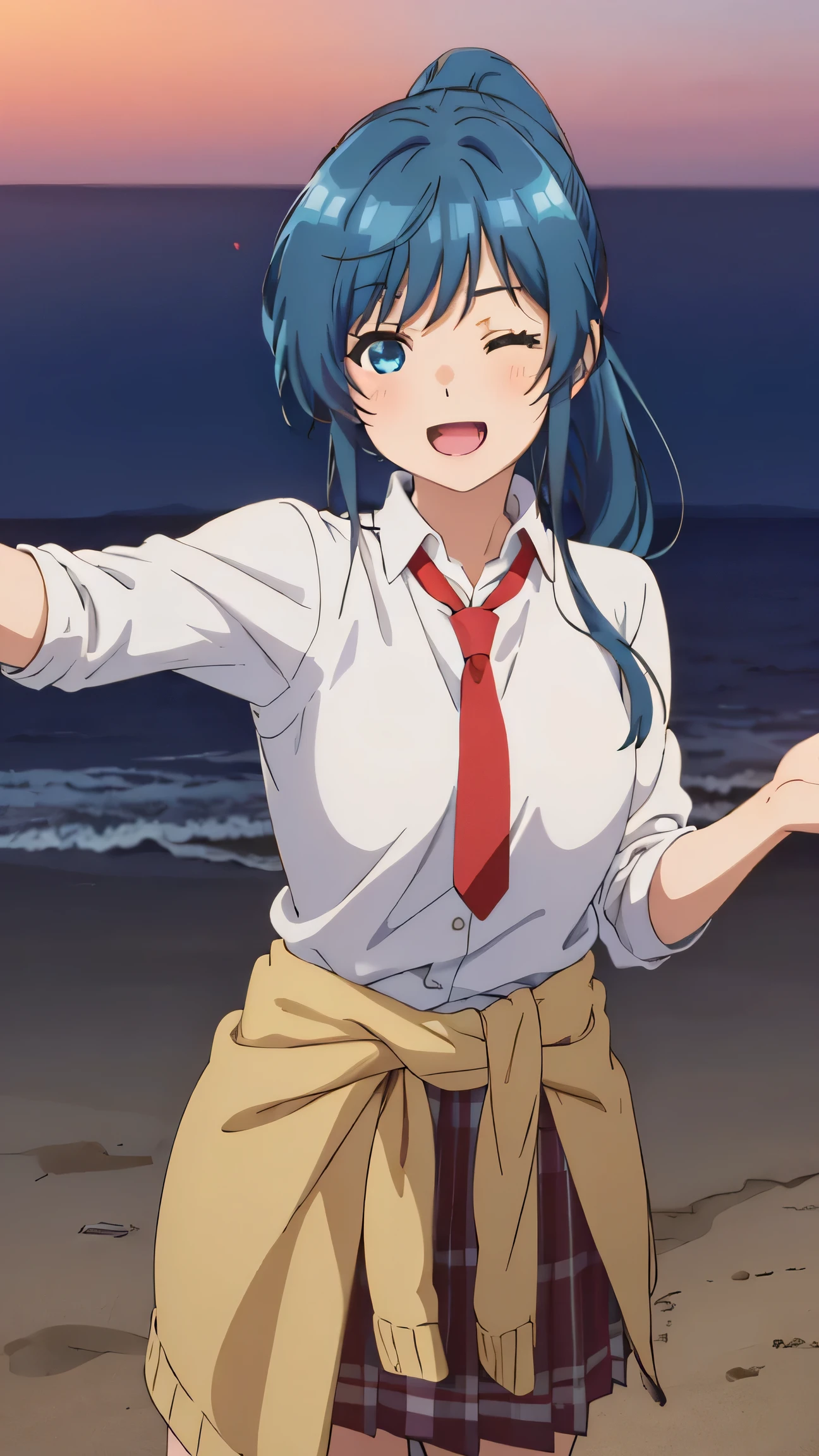 best quality, (masterpiece:1.2), detailed,
1girl, solo, smile, open mouth, light blush,
blue hair, blue eyes, wink, one eye closed, long hair, ponytail,
, white shirt, red tie, pleated skirt, sweater around waist,
standing, outstretched  hands behind 
Beach, night (upper body: 1.5) 