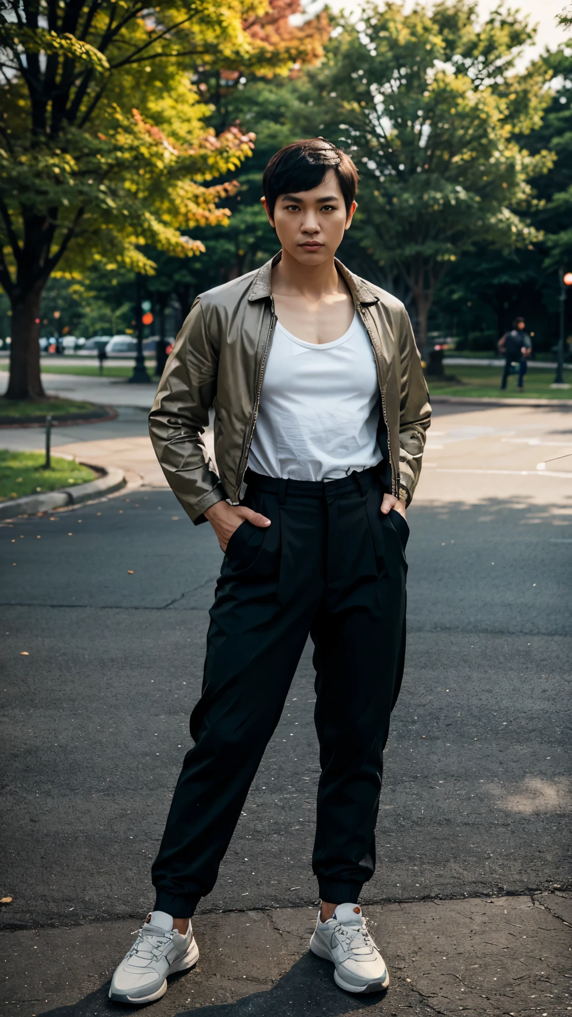 Full body shot,adult asian woman,pixie cut hair,man's shirt,jacket,pants,and shoes,standing,park background,manly and masculine pose,fierce expression,detailed face features,detailed clothes,high quality,HDR,4k