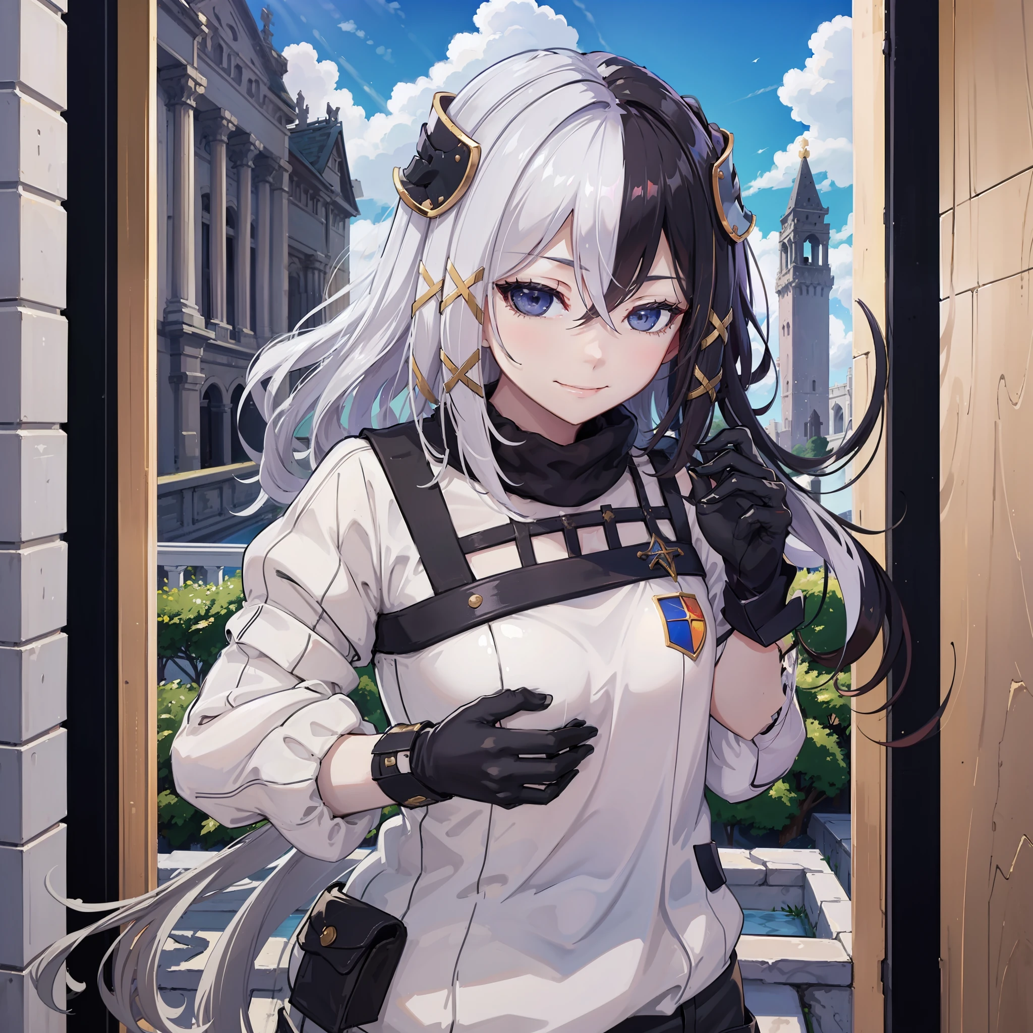 1girl, solo, casual outfit, ancient town, cathedral, western country, medieval period, colorful, clouds, sunny, outside, naughty smile, domineering smile, arrogant expression, cocky attitude, masterpiece, best quality