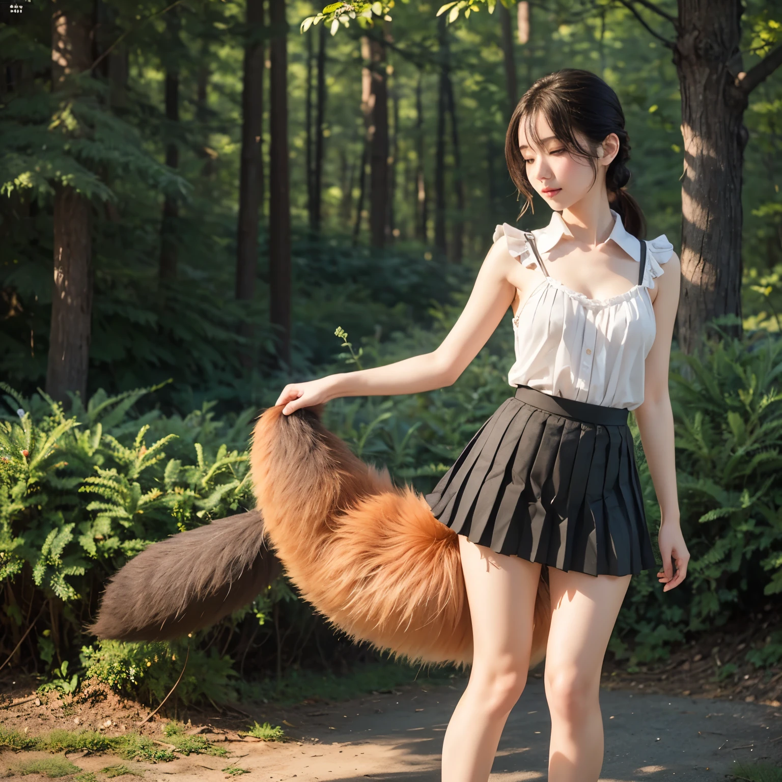 Girl with a furry tail ,赤狐のようなtail, tail, collared shirt,table top, 最high quality, figure, Ultra-detailed, finedetail, High resolution, 8k wallpaper, 完璧なダイナミックな構figure, Beautiful detailed eyes,Full body shot,Show me your whole body、thin and transparent、long hair, ,crying face,Harajuku、20 year old girl、eyeliner、beautiful bangs、hair between eyes、最high quality、ultra-detail、film light、tail、High resolution、tail))、detailed background、8KUHD、Digital single-lens reflex camera、soft light、high quality、film grain、Fujifilm XT3 、shallow depth of field、natural soft light、Kamimei、I looked at my knees., sexy shot looking at camera、on the leg、Full body shot facing the camera、Turn around and touch the tail that grows from your butt.、(The growing tail lifts up the pleated skirt.:1.9)、(small breasts:1.9), (Thick and bushy red fox tail:1.9)、(A tail extends from the coccyx:1.9)、(Stick your butt out to the camera and show the tail growing out of your butt:1.9)