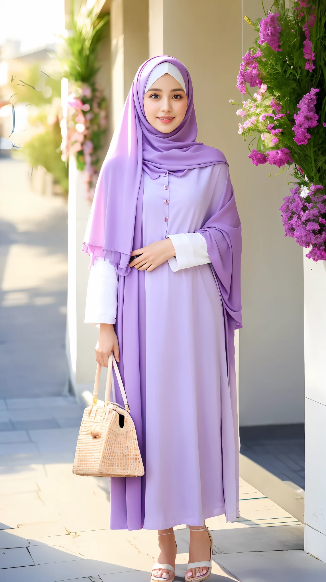 RAW, Best quality, high resolution, (masterpiece: 1.3), full body image, cute Indonesian man in hijab, Masterpiece, average man body, young man face, cute man face, bright skin, fair skin, cute eyes, soft smile, light make up, muslim man in hijab standing in front of florist, feminine gesture, serene expression, body facing viewer, looking to viewer, wearing full soft purple hijab, shawl, perfect hijab, wearing White abaya dress, pretty dress, wearing lilac cardigan, perfect cardigan, wearing purple heels, wearing pink purse, beautiful in cute pastel shades, beautiful in pastel shades, purse on left shoulder, at noon, Great lighting, great sunlight, Bright colors, Ultra realistic clean lines, very realistic