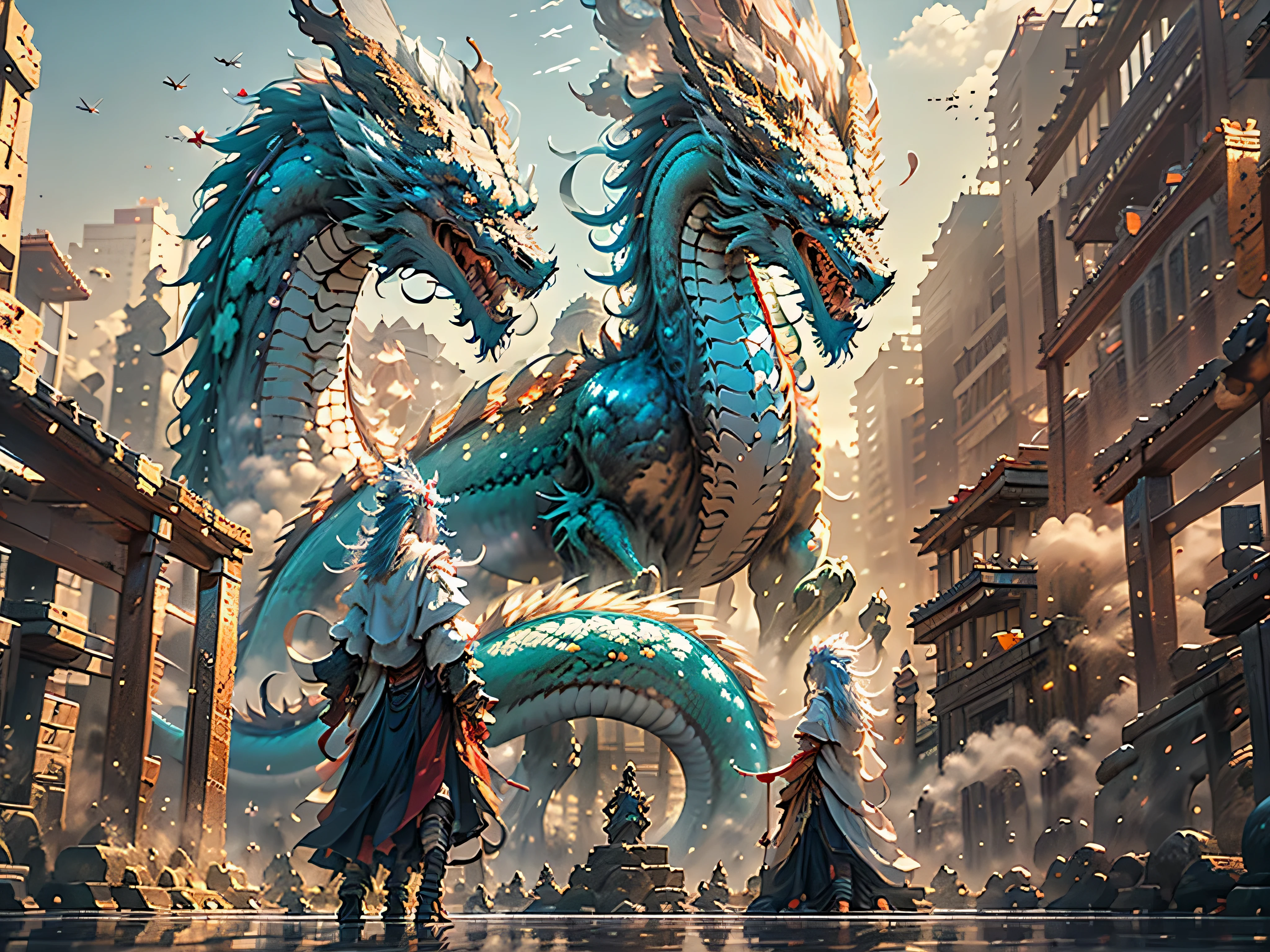 The Chinese white dragon rises into the sky,(Girl fucks dragon:1.3),(The girl turned her back to the camera:1.3),Girls are smaller,Clouds in the sky surround everything,light magic,fantastic background,meaning background,Ridiculous background,There is art covering multi-colored hair, Surrealism, movie lighting, Ray tracing, divine light, speed line, perspective, ultra high definition, masterpiece, best quality, Super details, high resolution, high quality,(Vision:1.3)