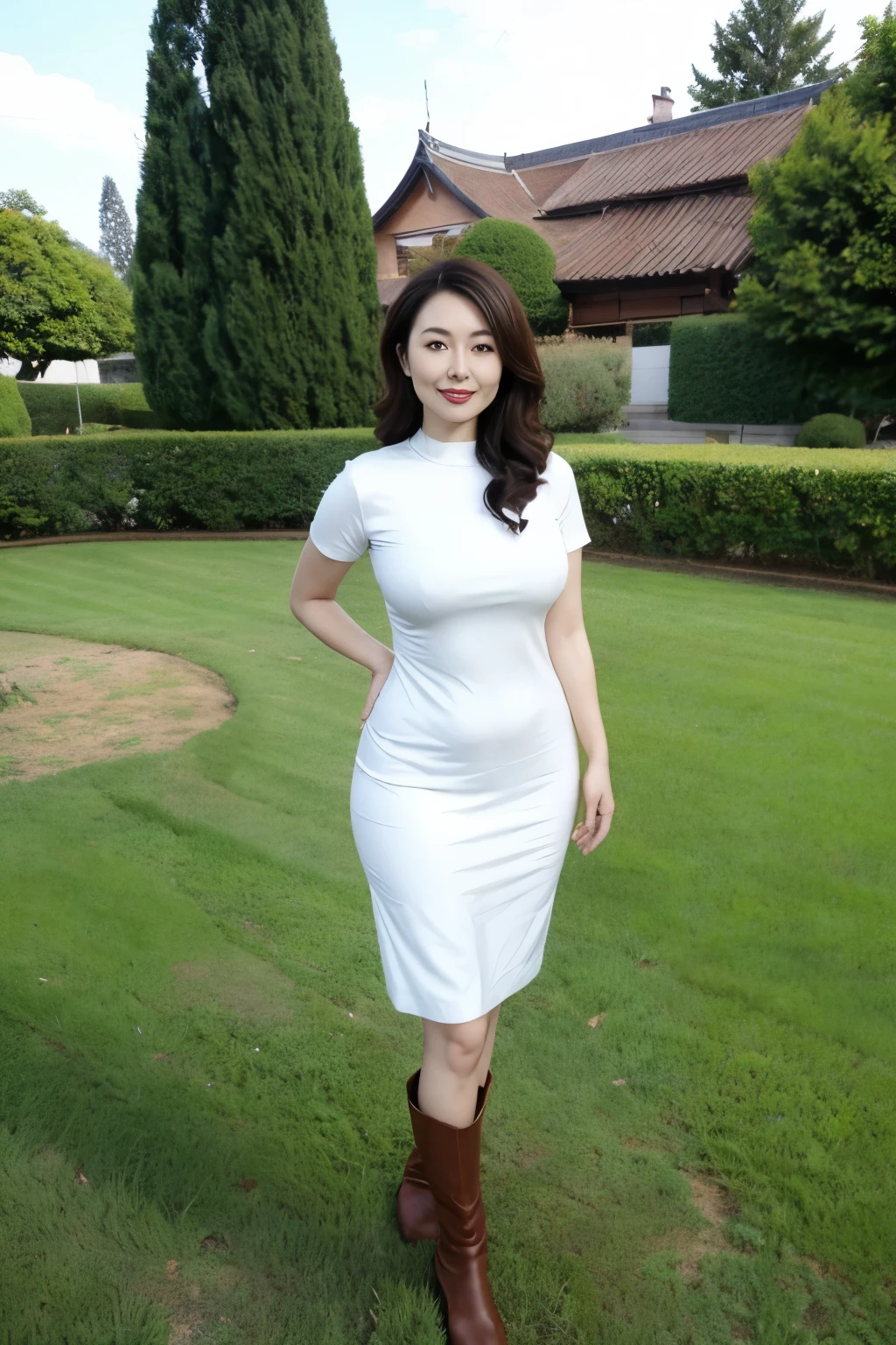 Draw lips correctly, red lipstick, from chest up, best quality, Super detailed, lifelike, Super fine skin, perfect anatomy, (1 日本Mature的女人), (alone)，Wearing a green long round neck sweater dress、short sleeve，white boots，wavy long hair，37-year-old female，Mature，charming smile，outdoor background，stand，Leg length，Chubby body，Big breasts，stand up，full-body shot