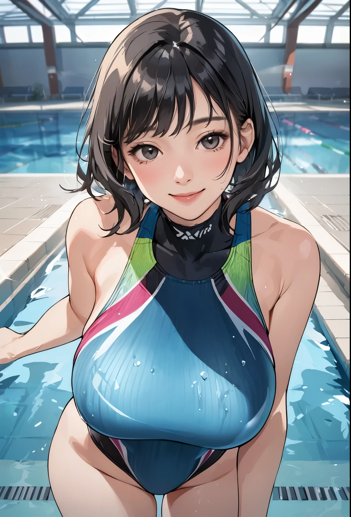 1lady solo, standing on poolside floor, (competition swimsuit:1.2) stylish, (mature female:0.8), /(light black hair/) bangs, kind smile, (masterpiece best quality:1.2) delicate illustration, big breasts BREAK (swimming pool) indoors, detailed background