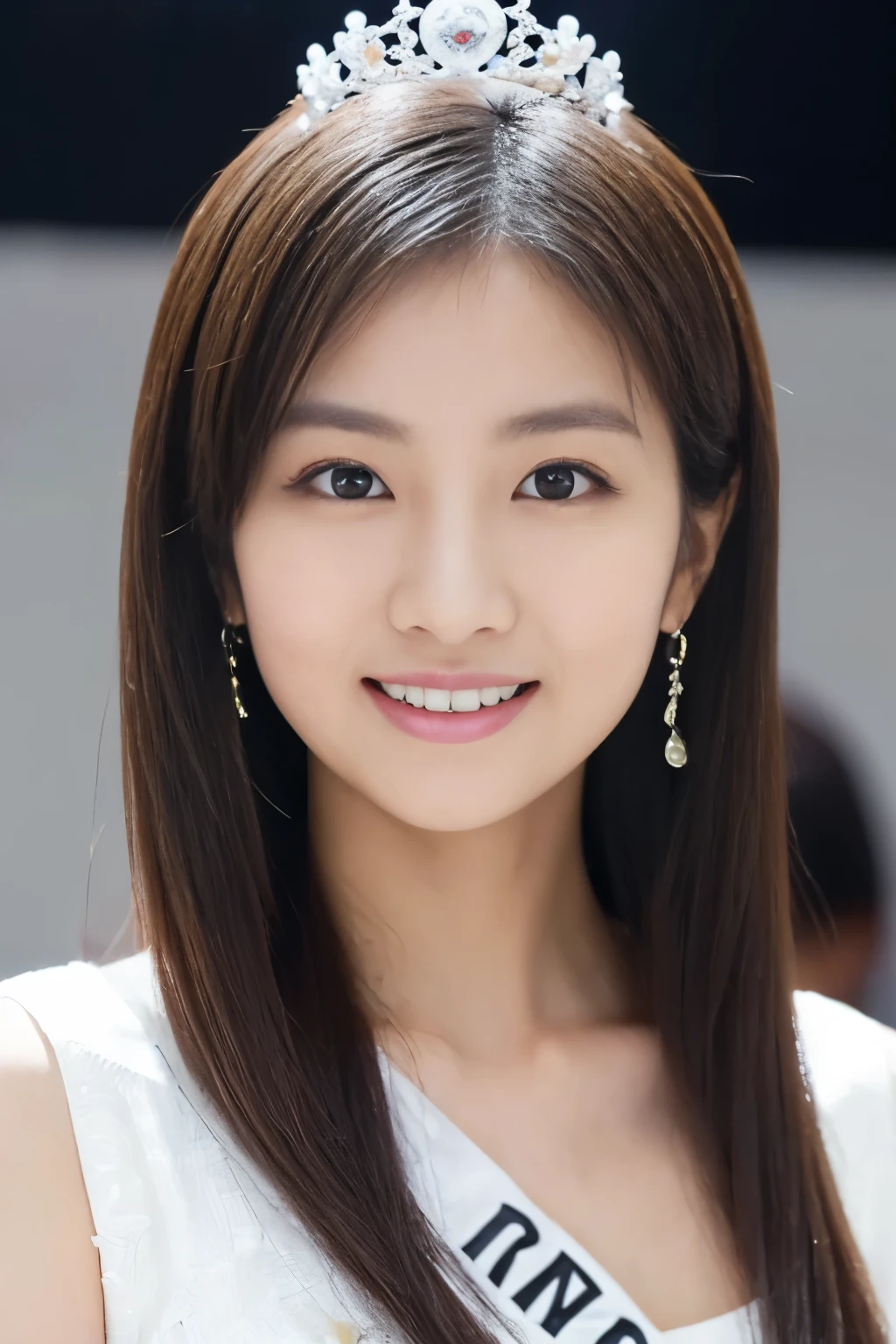 Portrait photo of a beautiful Japanese female college student, 
(Raw photo 1.2), (graphic 1.4), (Masterpiece 1.3), Near Shot, (Highest quality 1.4), dream-like,
(beautiful detailed girl, very detailed eyes and face, beautifully detailed nose, beautiful and detailed eyes), 
(detailed facial features), (Detailed features of the wear),
perfect for your skin, (shiny skin), (slender girl), 1 girl, ((detailed body)), (beautiful body),
(Dressed up in light white spring clothes:1.3), (miss japan),
(I am participating in a beauty pageant:1.3), (beauty pageant venue:1.2), (Spotlight), cinematic lighting, 
perfect anatomy, slender body, smile,
Camera-wide perspective, I&#39;looking forward to it, (whole body 1.3)