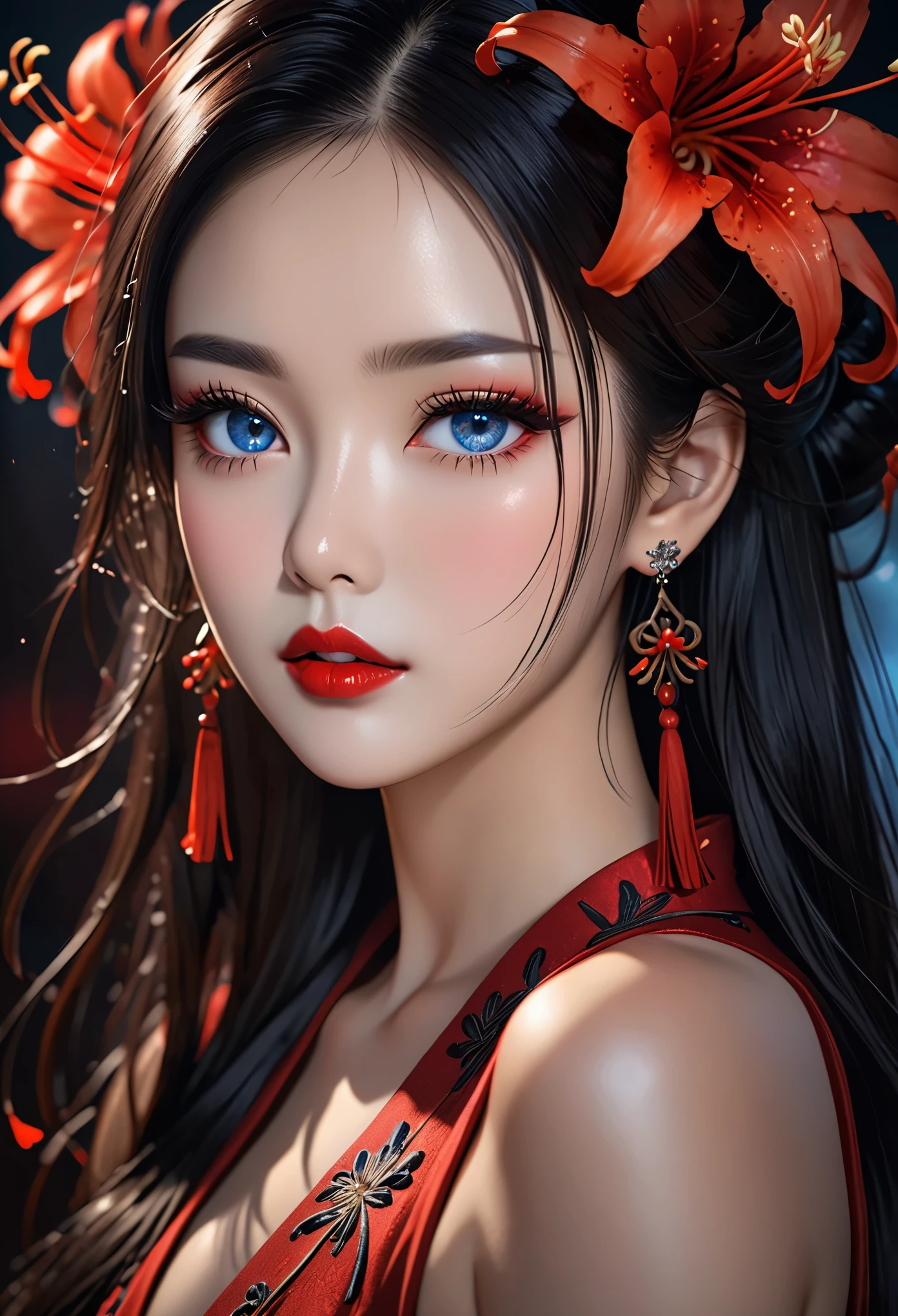 (RAW photo, 4k, realistic, ),masterpiece,best quality,unity 8k wallpaper,ultra detailed,cinematic look,natural skin texture,cinematic angle,Fujifilm XT3,(highlydetailed),(detailed lighting),(contrast),(mysterious atmosphere),vivid illumination,masterful technique,harmonious composition,immersive atmosphere,stunning visuals 1girl,arien photography,chinese art photography,1girl,solo,hair ornament,black hair,jewelry,earrings,holding,red flower,looking at viewer,long hair,spider lily,red lips,black eyes,makeup,portrait,eyelashes,lips,lipstick,hair flower,blue eyes,tassel,upper body,parted lips,