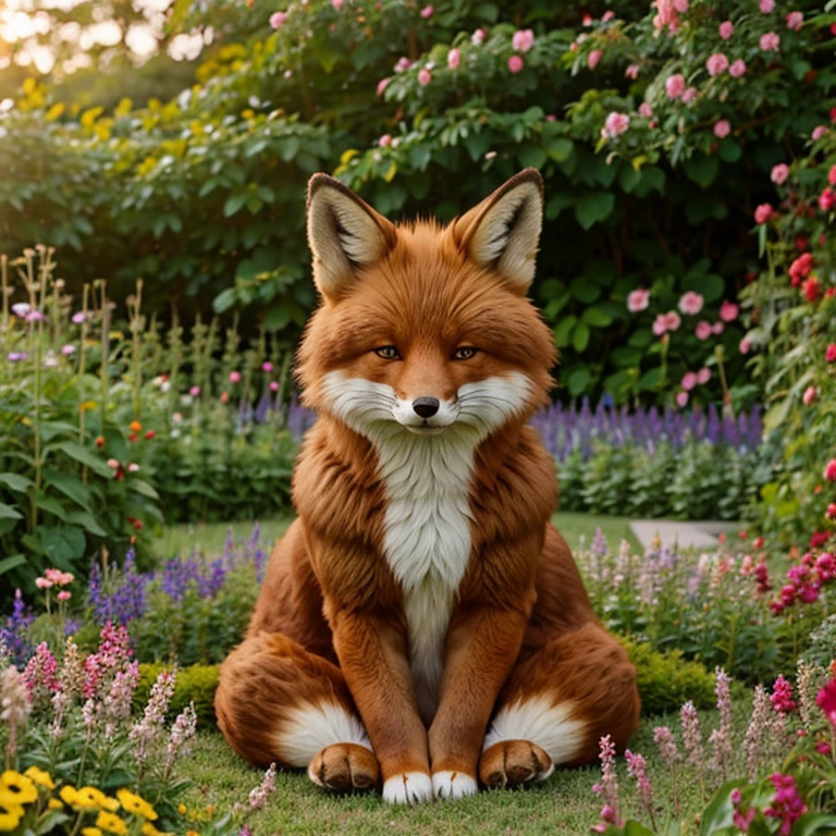 fox, (monster girl), long brown ears with darker brown inside, brown fur, tan neck fluff, brown fluffy tail with a tan tip, large brown eyes, wearing modest clothing, sitting in a flower garden, masterpiece, best quality