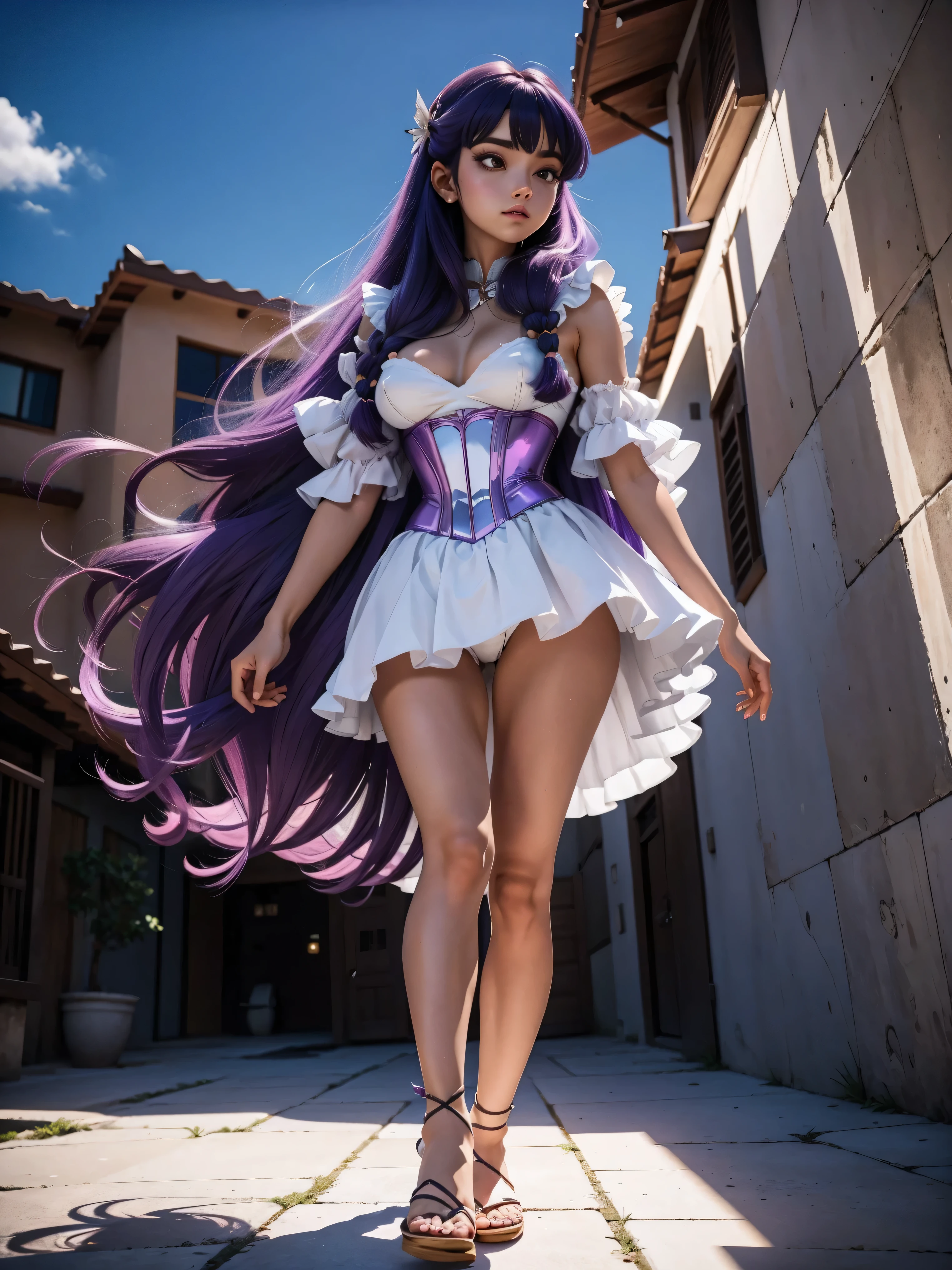 Garota anime de cabelo purple com saia vestido longo purple meio transparente e espartilho, , corpo bonito, seios grandes, com hand in panties , hand in cabelo roxo, Garota sensual, cabelo roxo, mechas de cabelo laterais, mechas de cabelo na lateral do rosto, beautiful lighting, sombras suaves, olhos azuis, pernas bonitas, cabelo longo roxo, estilo anime, personagem Shampoo Chan, Autora Rumiko Takahashi, Baseado em obra de Rumiko Takahashi, Anime Ranma 1/ 2, decote sensual, quadril robusto, corpo inteiro, corpo inteiro, busto grande, garota jovem com corpo belo e bonito, sandals on his feet, garota 16 anos usando saia e corset pink e purple meio transparente, garota anime, estilo anime, beautiful feet in sandals, 45° viewing angle, ao ar livre, peito grande, seios bonitos, cabelo purple, sandals on the feet, pernas bonitas, sensual, belas pernas, Sandalias, seios grandes, corpo completo, corpo inteiro, feet with sandals, anime realista, saia, sarja roxa, personagem realista sensual, postura ereta, ao ar livre, calcinha pink, hand in panties, saia vestido com 50% de opacidade meio translucida