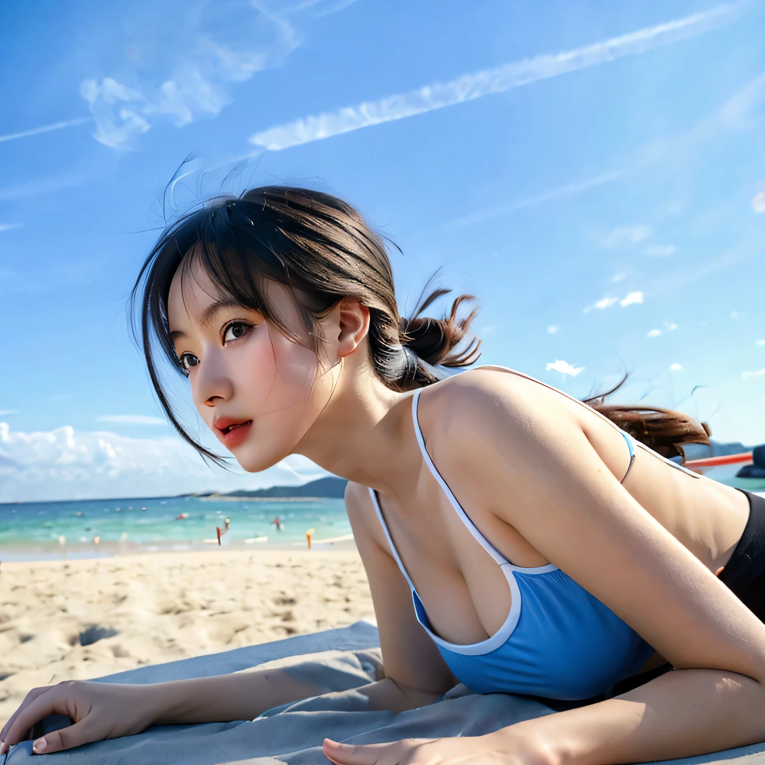 ultra high res.photorealistic:.1.4, UHD, Bottom-up angle, girl is wearing droptop, blue sky background, There is a plane on the far horizon