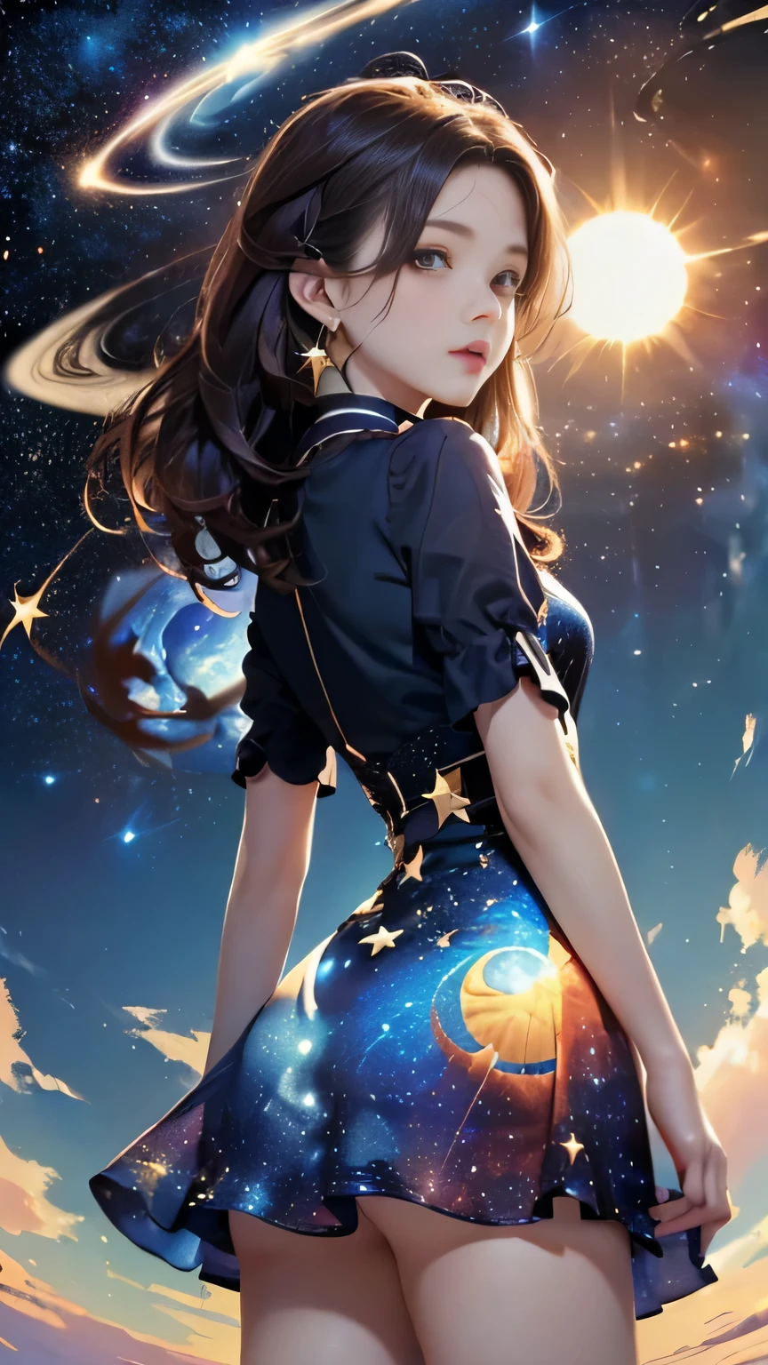 (((Masterpiece))),((top quality)),one beautiful girl,Pale, (A character who personifies the universe: 1.5), (((hair is a star:1.5)))、(planet dress:1.5)))、(belly button)、(sun:1.5),(plain clothes), (skin revealing),(The background is the night sky 1.5).(((from the front:1.5)))、(straight front: 1.5)、(((turn around:1.5)))、