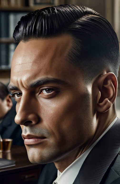 beautiful oil matte portrait painting, mafia boss at his 30s new york office desk, wonderful masterpiece highly detailed, beautiful cinematic light deep focus, elegant, digital painting, smooth, sharp focus, golden ratio, dramatic illumination, ultra realistic, 8k, art by jimmy law,CEO