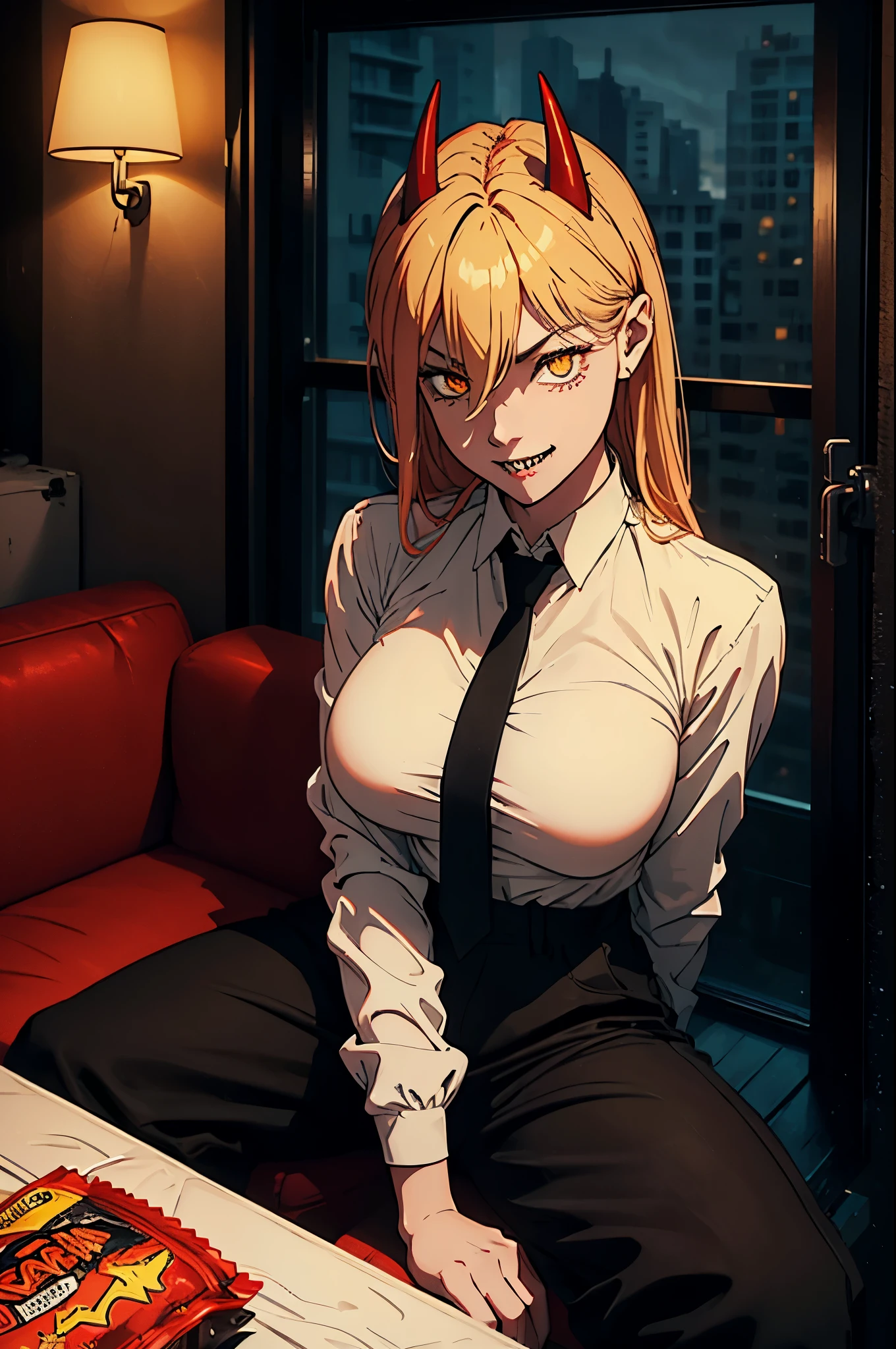 power from chainsawman, yellow vivid eyes, with her iconic two red horns on top her head, fangs, sharp teeth, wearing loose white long sleeve, black tie, black dark business pants, big breasts, apartment setting, furnished, snacks and drinks, sitting on couch, raining outside, window, nighttime, indoor light, smiling