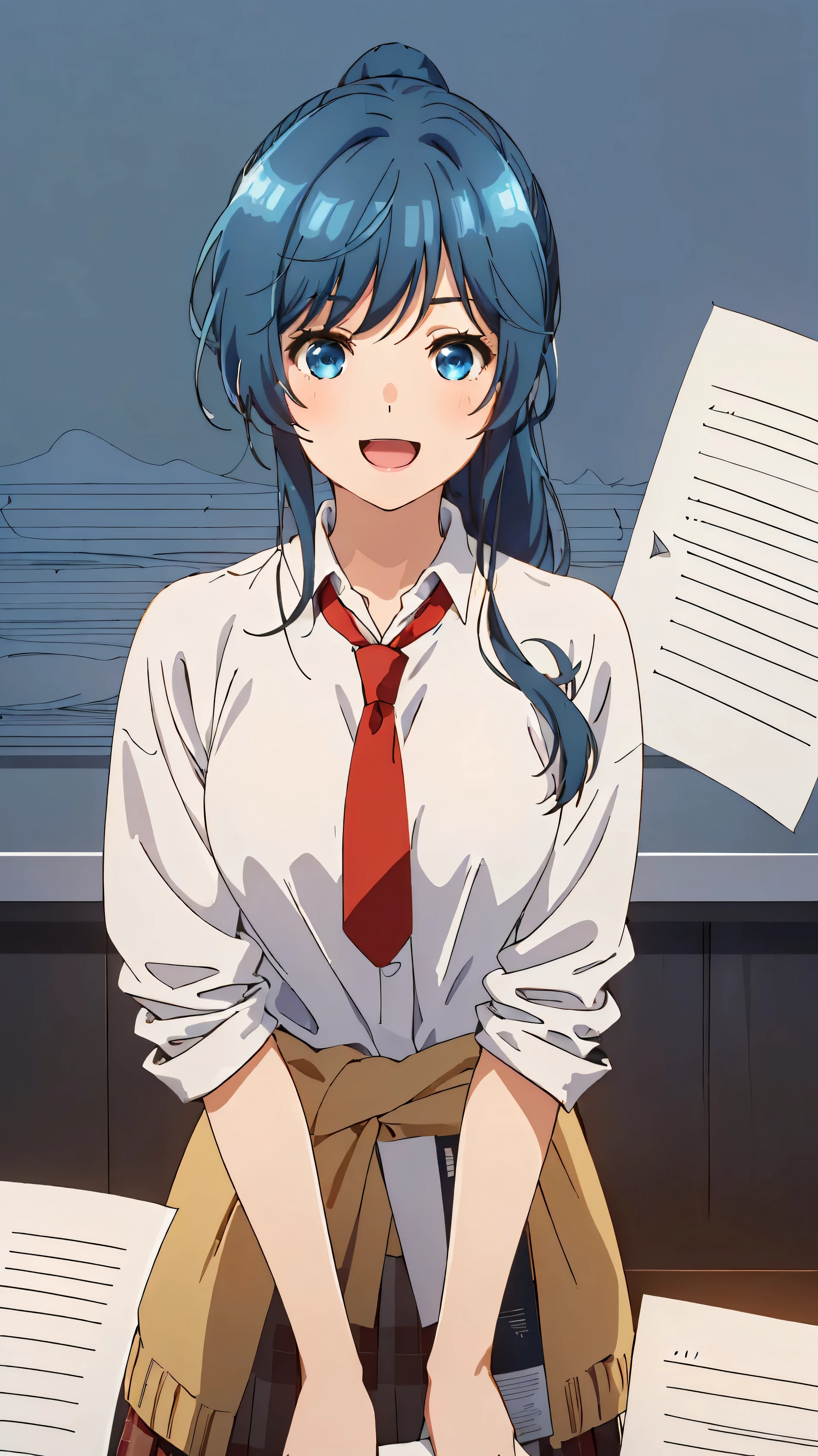 best quality, (masterpiece:1.2), detailed,
1girl, solo, smile, open mouth, light blush,
blue hair, blue eyes, wink, , long hair, ponytail,
, white shirt, red tie, pleated skirt, sweater around waist,
standing, outstretched  hands behind 
Beach, night (upper body: 1.5) (holding a blank paper viewing it to the viewer: 1.5) 