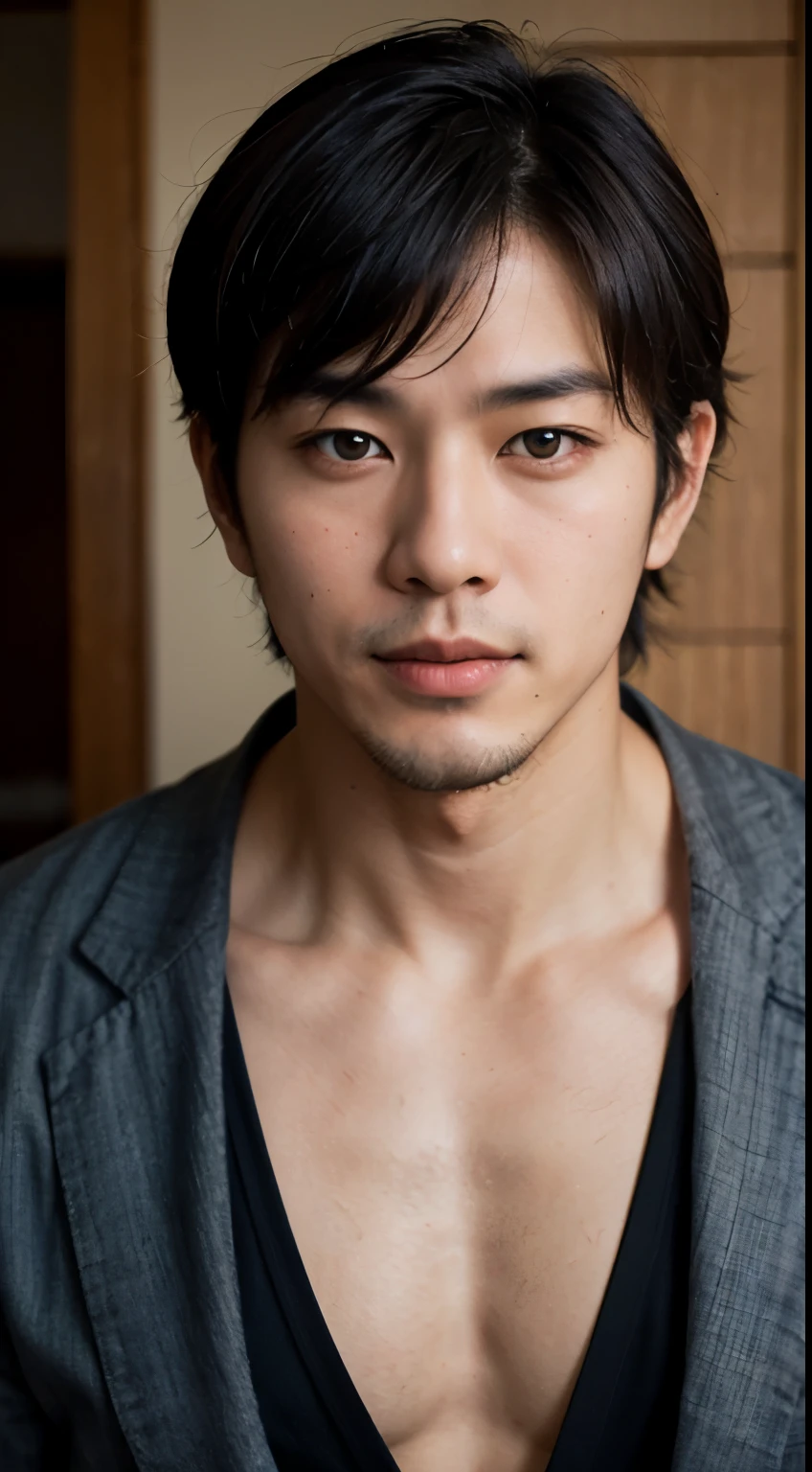 Portrait of a handsome Japanese man 25 years old round face movie look, Above the chest