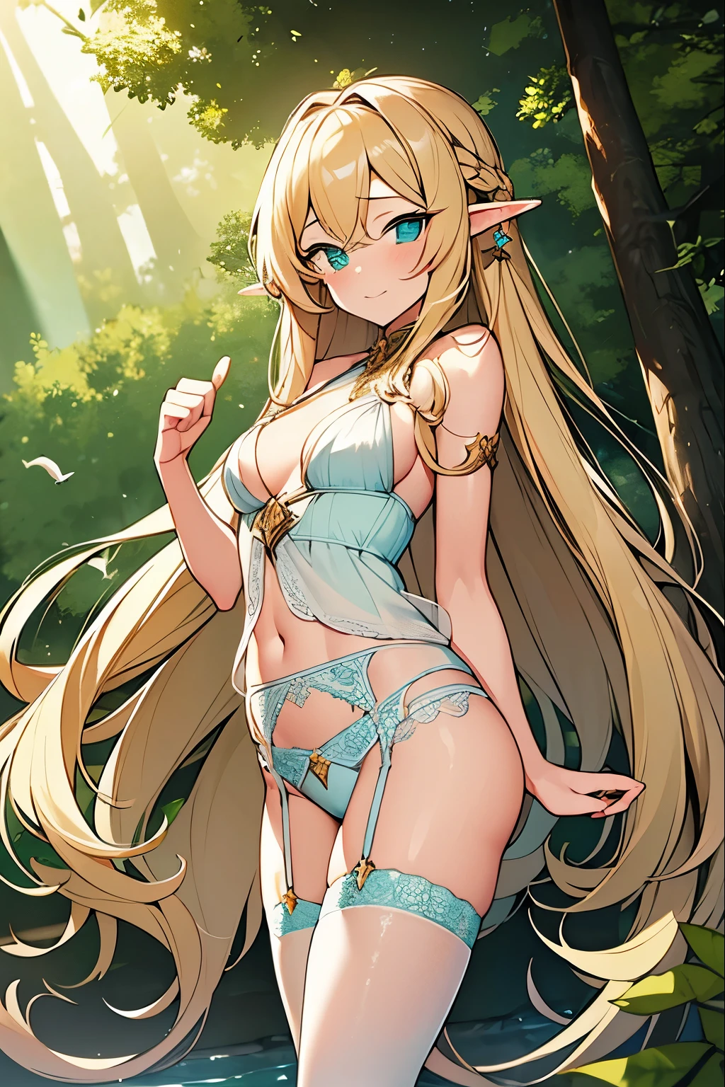 masterpiece,high resolution,best quality,elf,1girl is blond long hair,blond hair,light green eyes,embarrassed,small breasts,garter belt,4fingers and 1thumbs,looking up at viewer,pigeon toed,forest