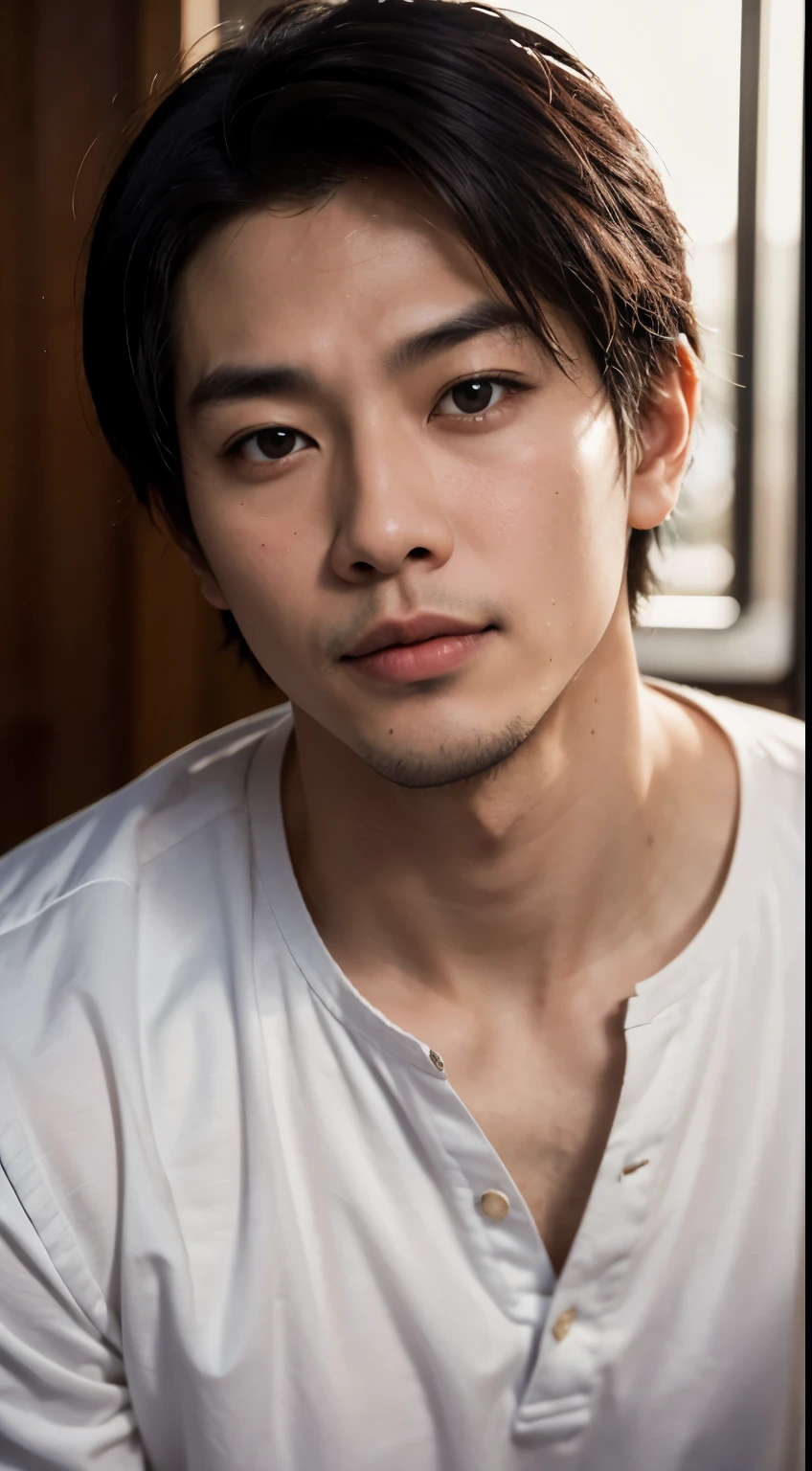 Portrait of a handsome Asian man 25 years old round face movie look, Above the chest