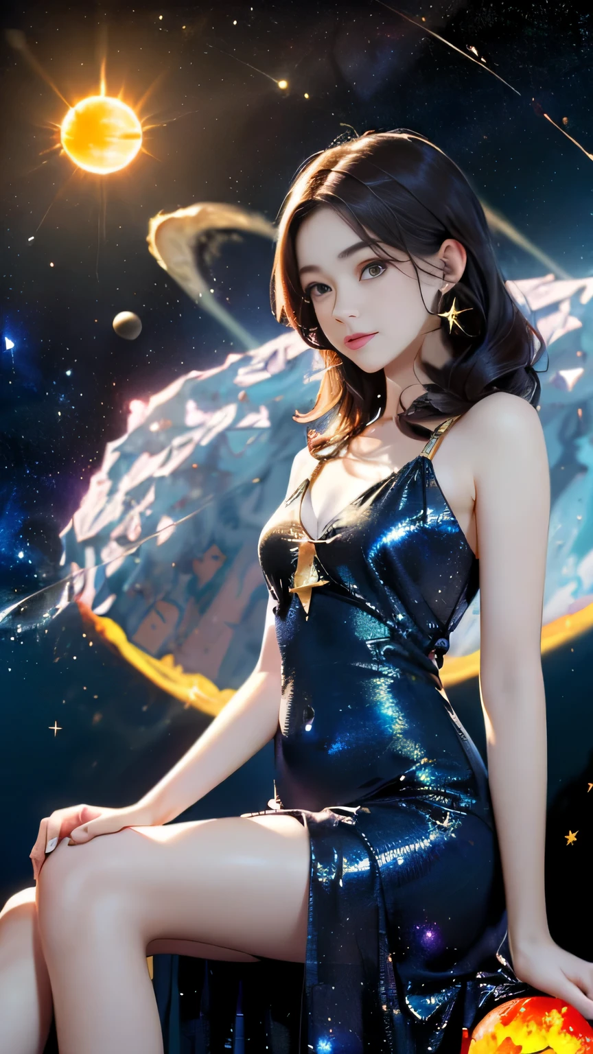 ( high quality , Super detailed, Watch your hands )Zodiac sign - Scorpio goddess , Similar to the goodness of Latin . Optimistic, fair, Funny and intelligent face . recklessness, Ruthless, impatient, Overconfident style . Dark blue eyes (Eye details) , Sparkling deep blue hair , Transparent dress , In the sea of shining stars , whole body , Fire makeup look , God Chiron